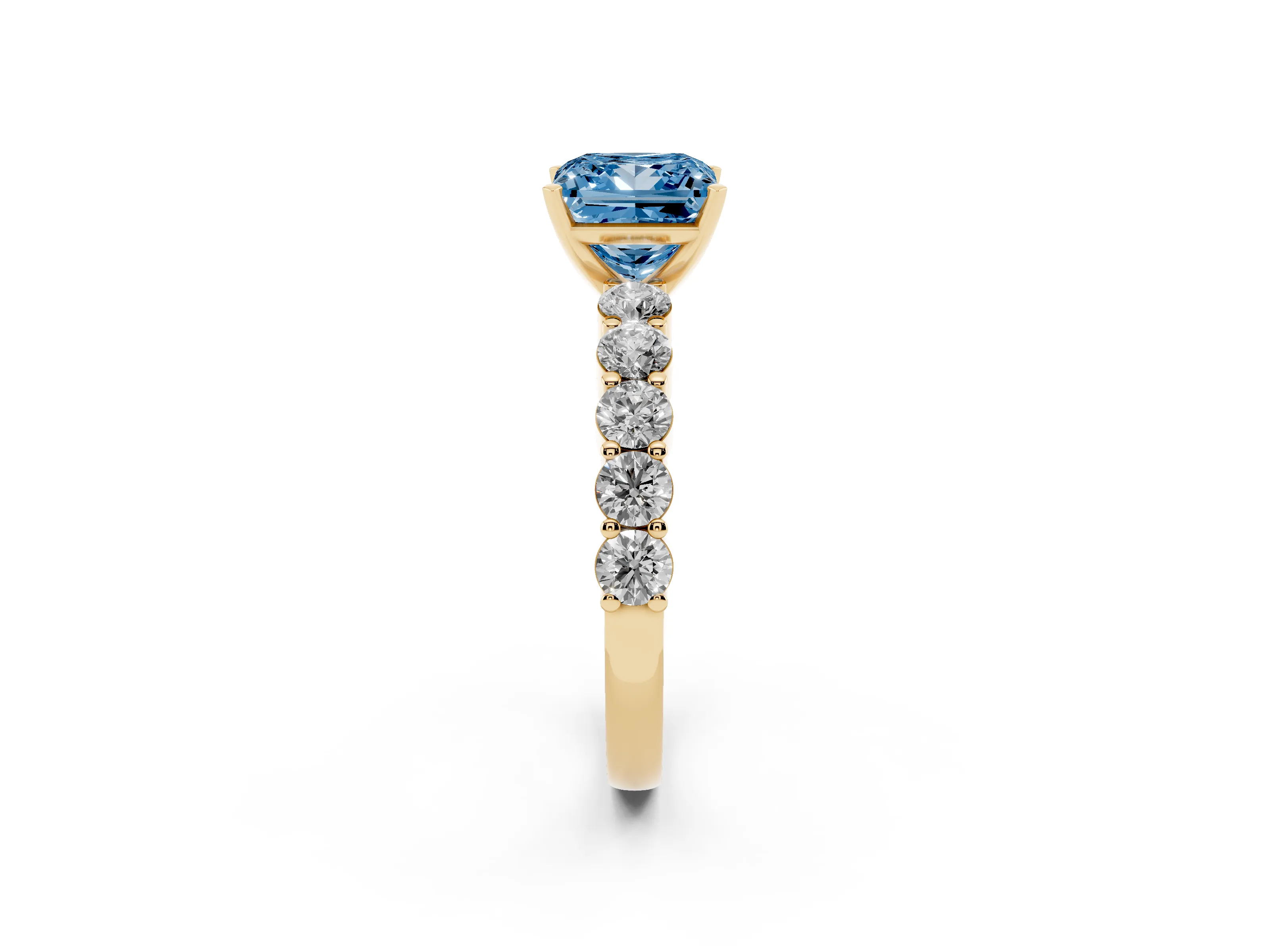 Fancy Blue Princess Cut Diamond Solitaire Ring Set in Yellow gold with Shared Prong Round Side Stones