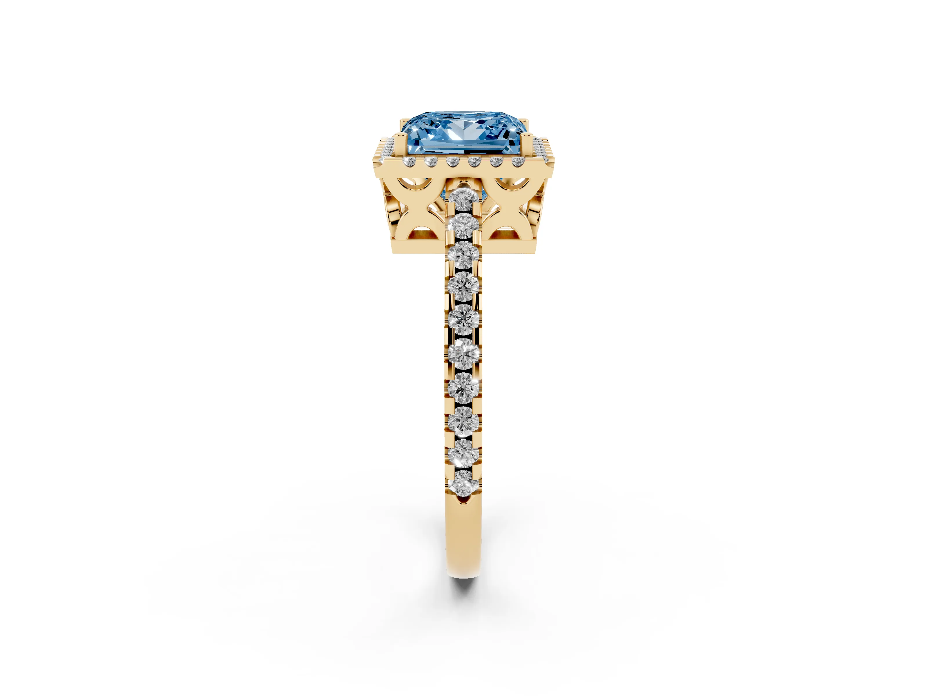 Fancy Blue Princess Cut Diamond Halo Ring Set in Yellow gold with Pavé Shoulders and Halo-Framed Center