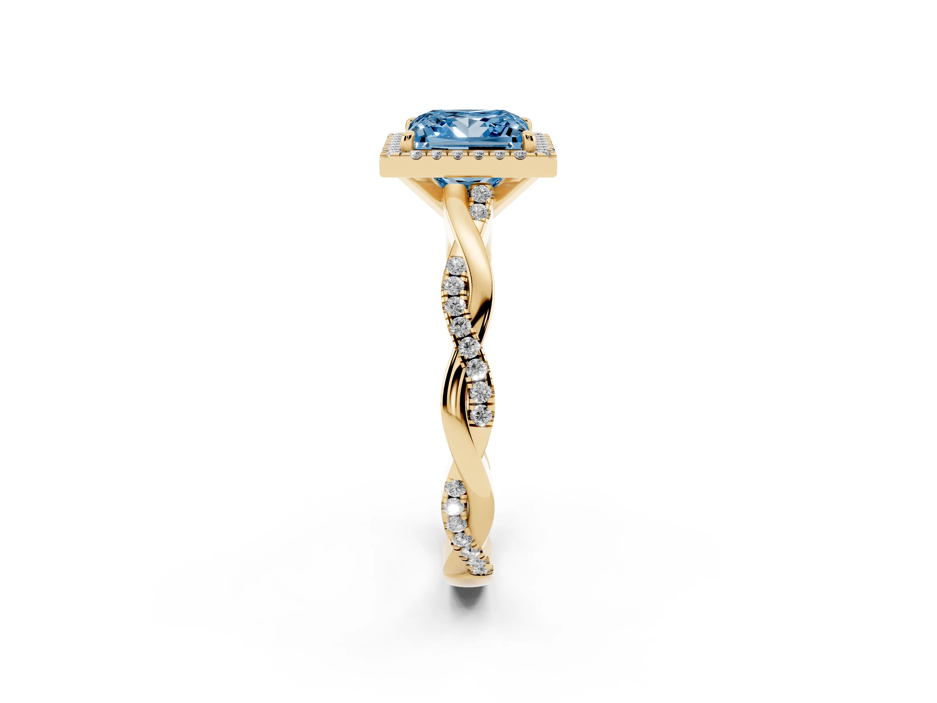 Fancy Blue Princess Cut Diamond Halo Twisted Band Ring Set in Yellow gold with Prong Setting