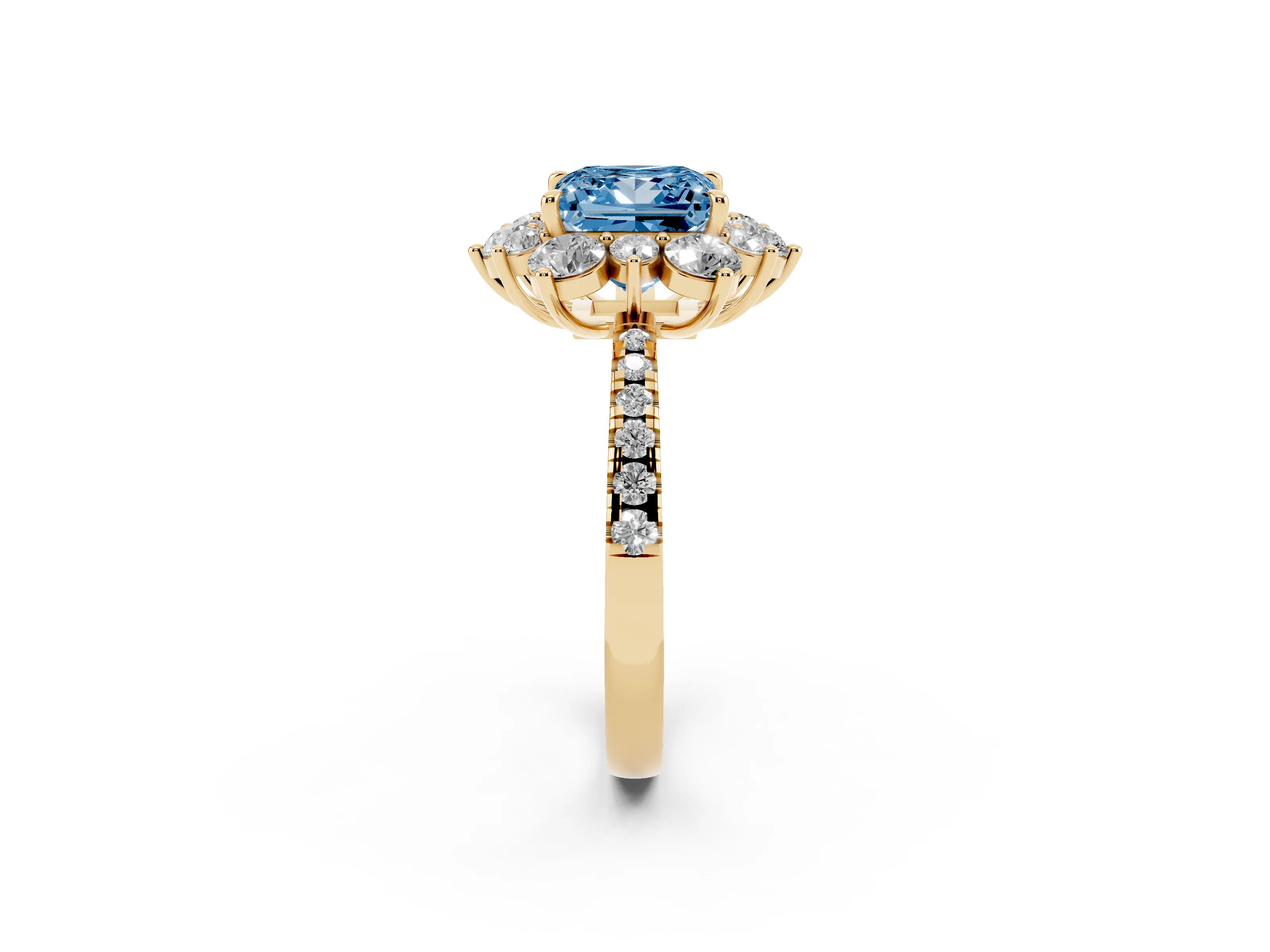 Fancy Blue Princess Cut Diamond Floral Halo Ring Set in Yellow gold with Round Pavé Band and Prong Setting