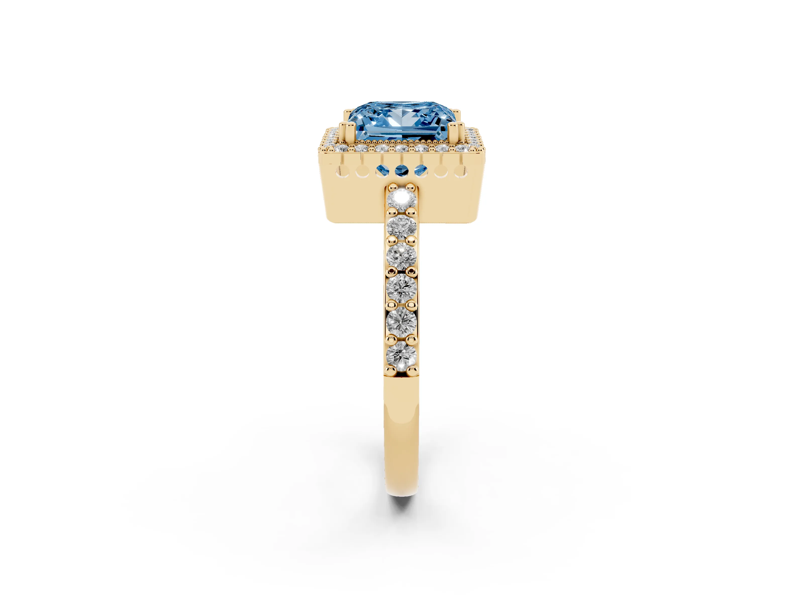 Fancy Blue Princess Cut Diamond Halo Engagement Ring Set in Yellow gold with Milgrain Detail and Pavé Band