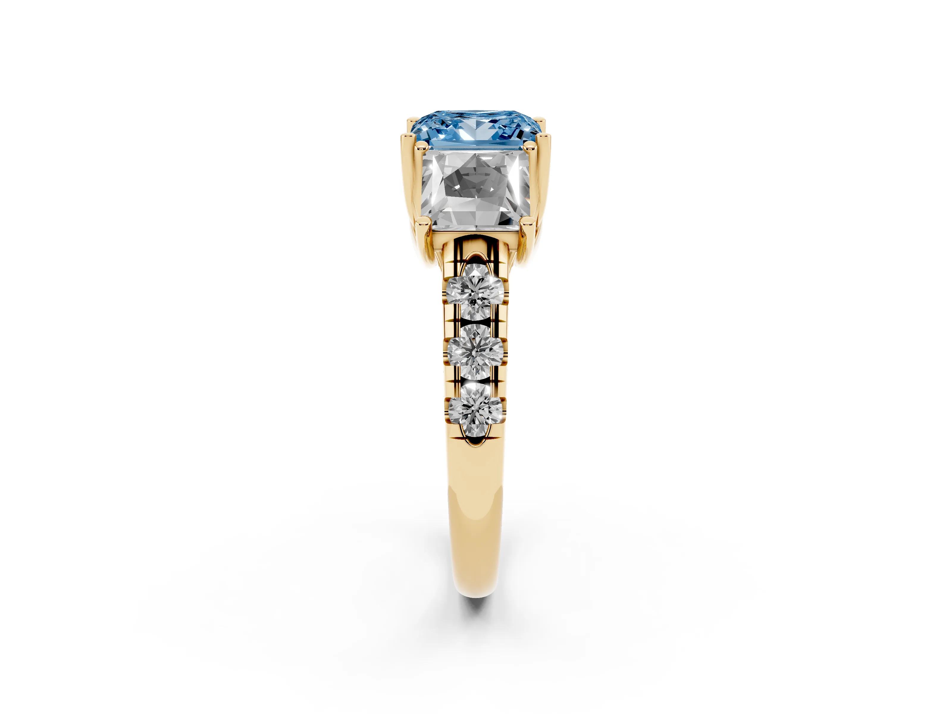 Fancy Blue Princess Cut Diamond Three-Stone Ring Set in Yellow gold with Pavé Band
