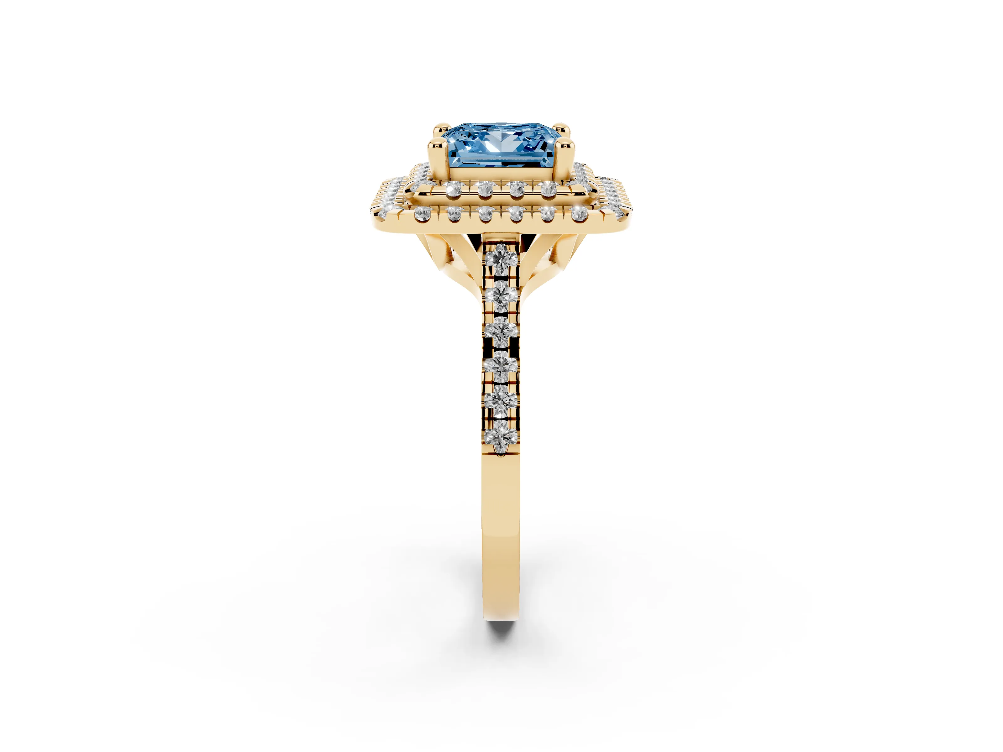 Fancy Blue Princess Cut Diamond Double Halo Statement Ring Set in Yellow gold with Pavé Band
