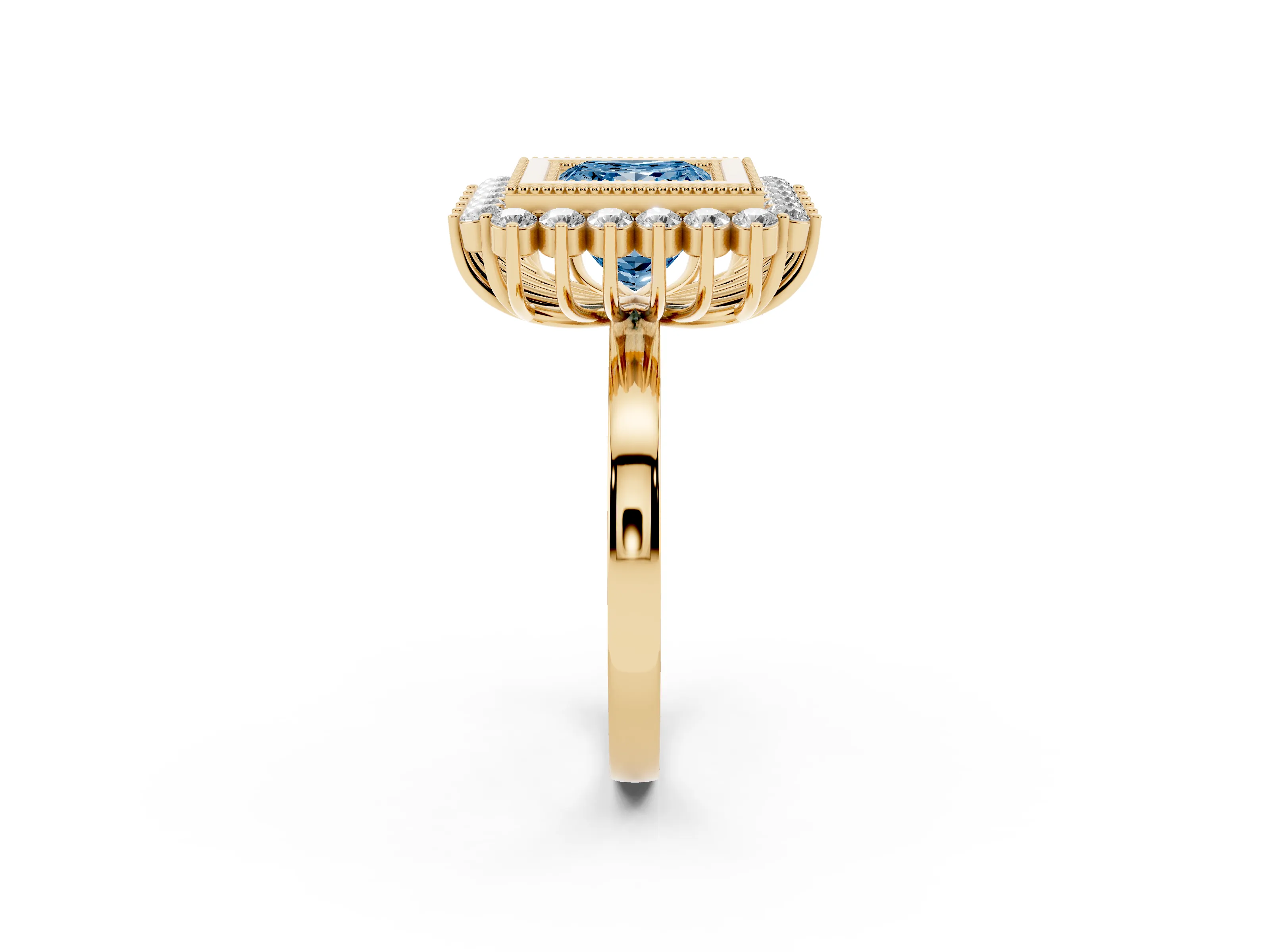 Fancy Blue Princess Cut Diamond Halo Ring Set in Yellow gold with Milgrain Edge and Round Prong Setting