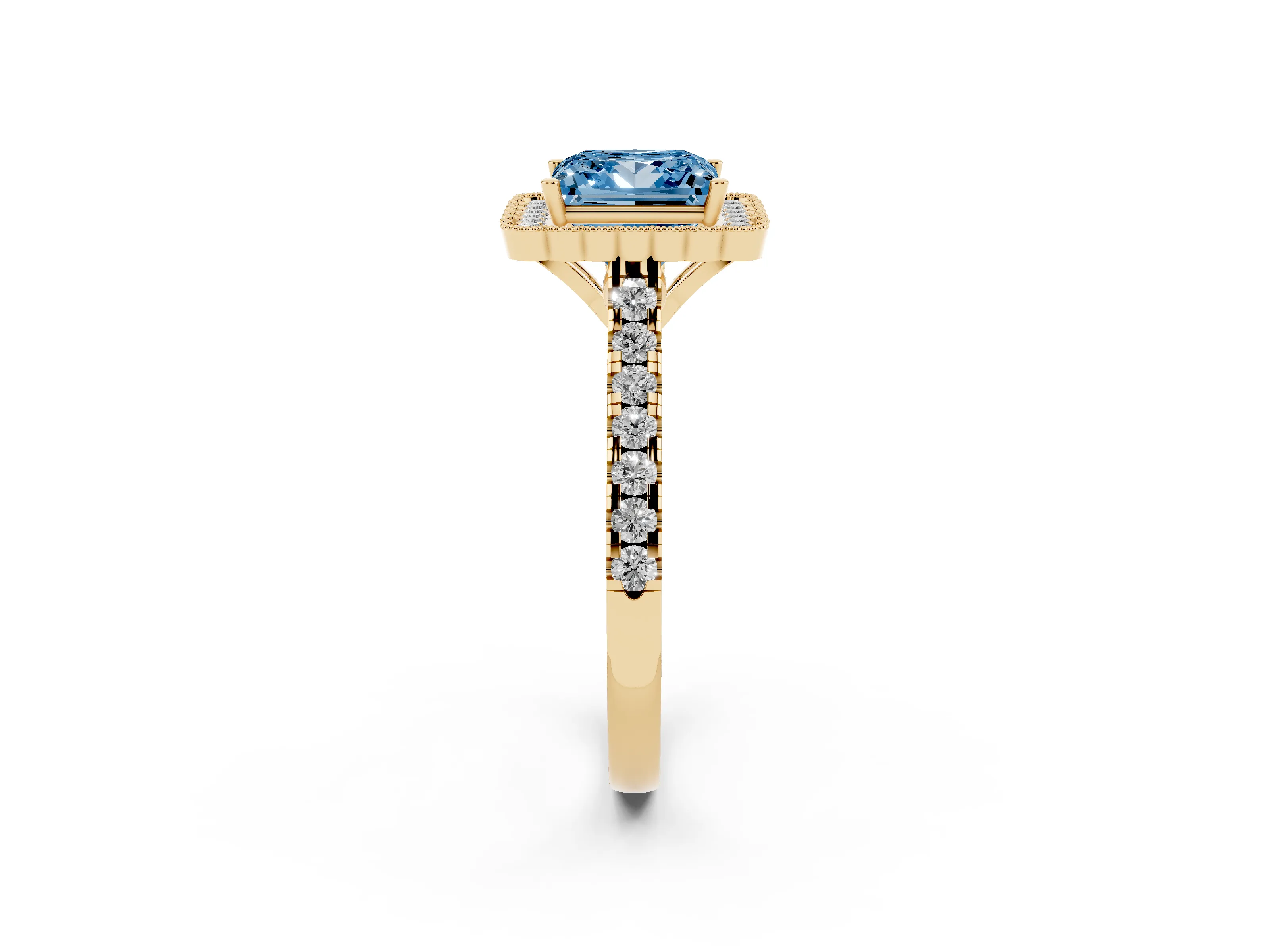 Fancy Blue Princess Cut Diamond Milgrain Floral Halo Engagement Ring Set in Yellow gold with Pavé Band