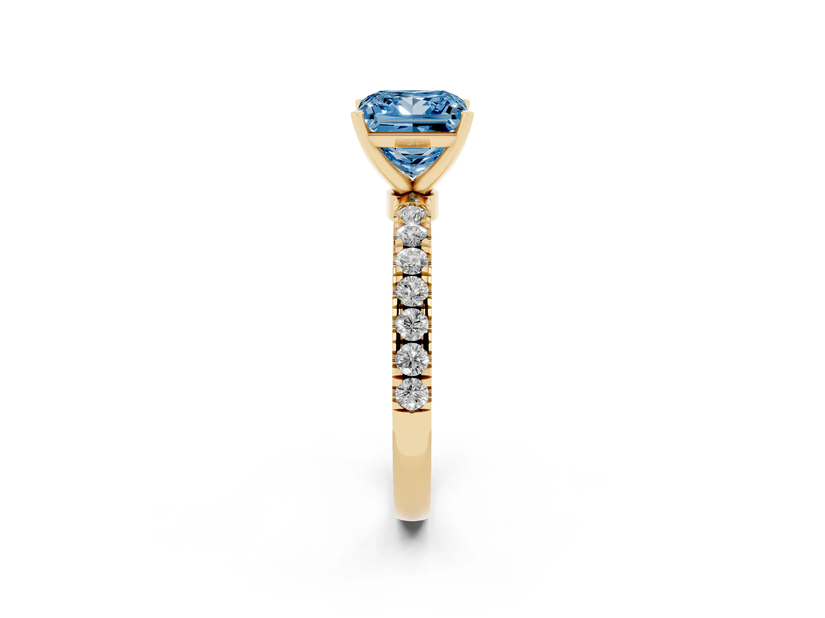 Fancy Blue Princess Cut Diamond Solitaire Ring Set in Yellow gold with Pavé Accents and Prong Setting