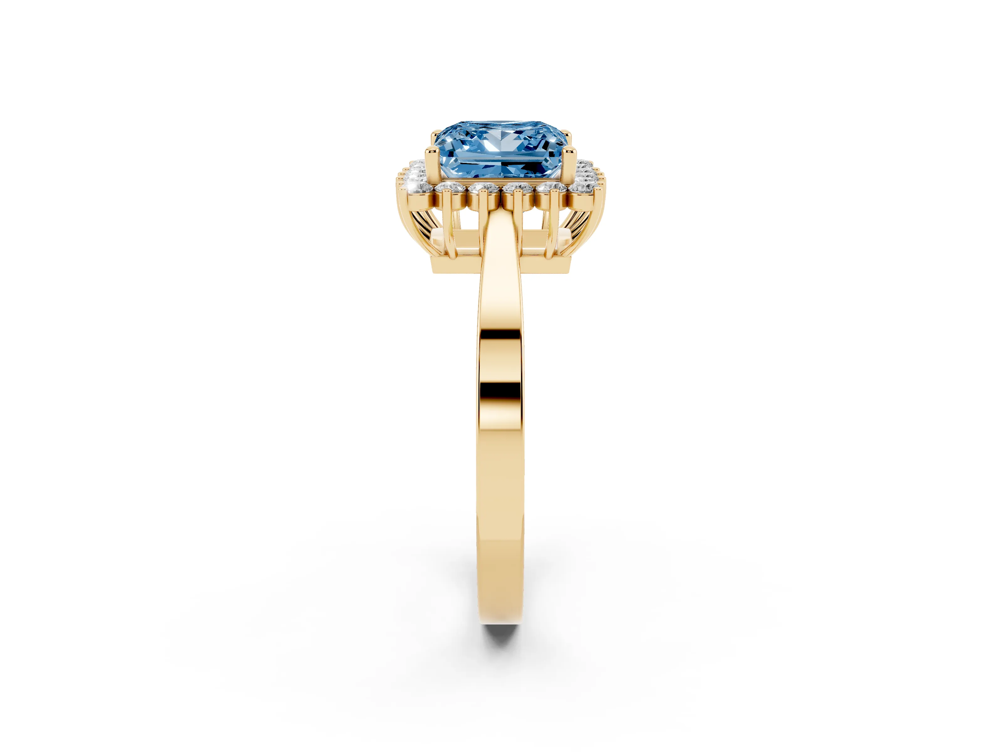 Fancy Blue Princess Cut Diamond Halo Ring Set in Yellow gold with Round Halo and Smooth Solitaire Band
