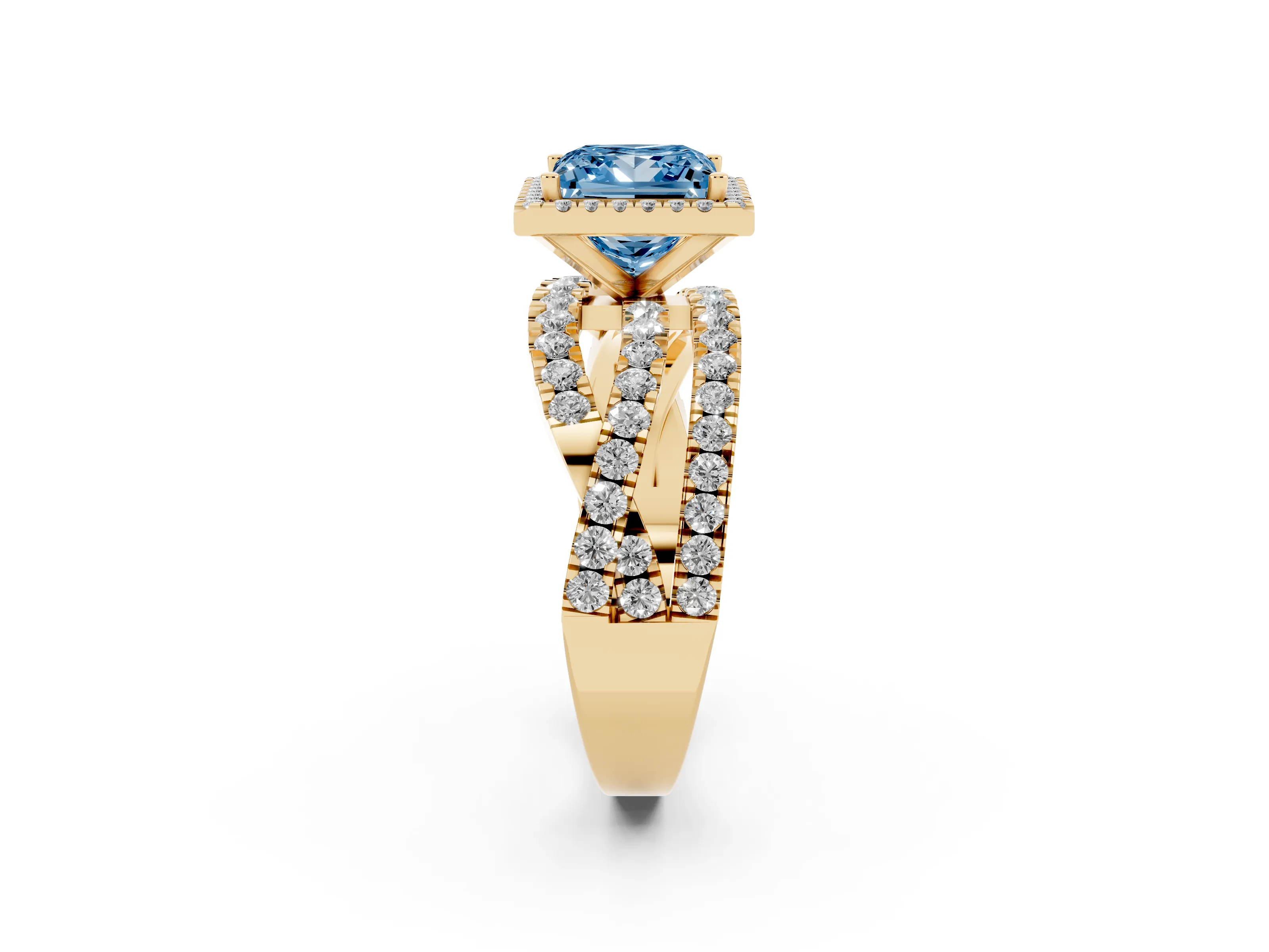 Fancy Blue Princess Cut Diamond Halo Ring Set in Yellow gold with Round Crossover Split Shank and Prong Setting