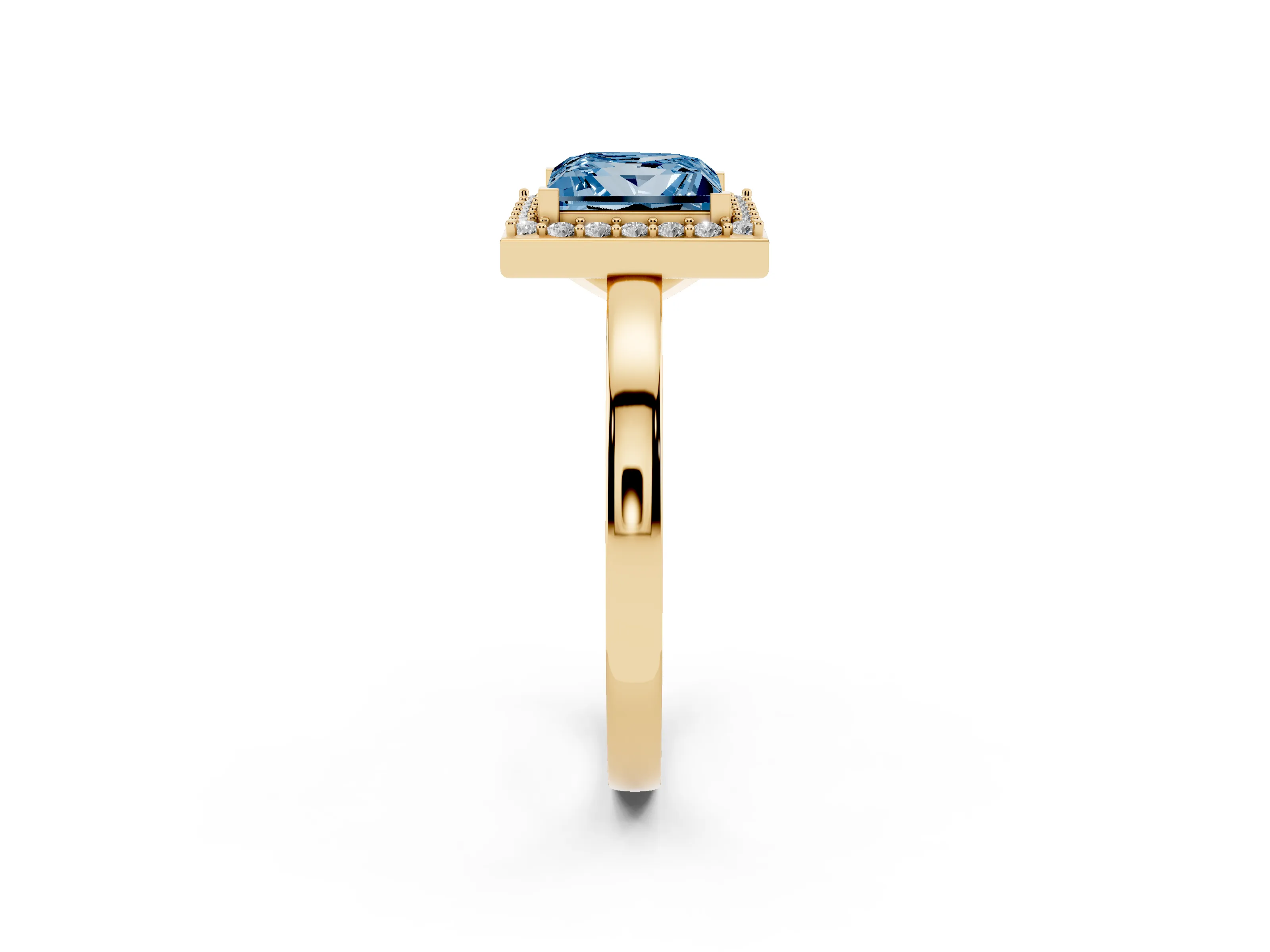 Fancy Blue Princess Cut Diamond Halo Ring Set in Yellow gold with Solitaire Band and Prong Setting