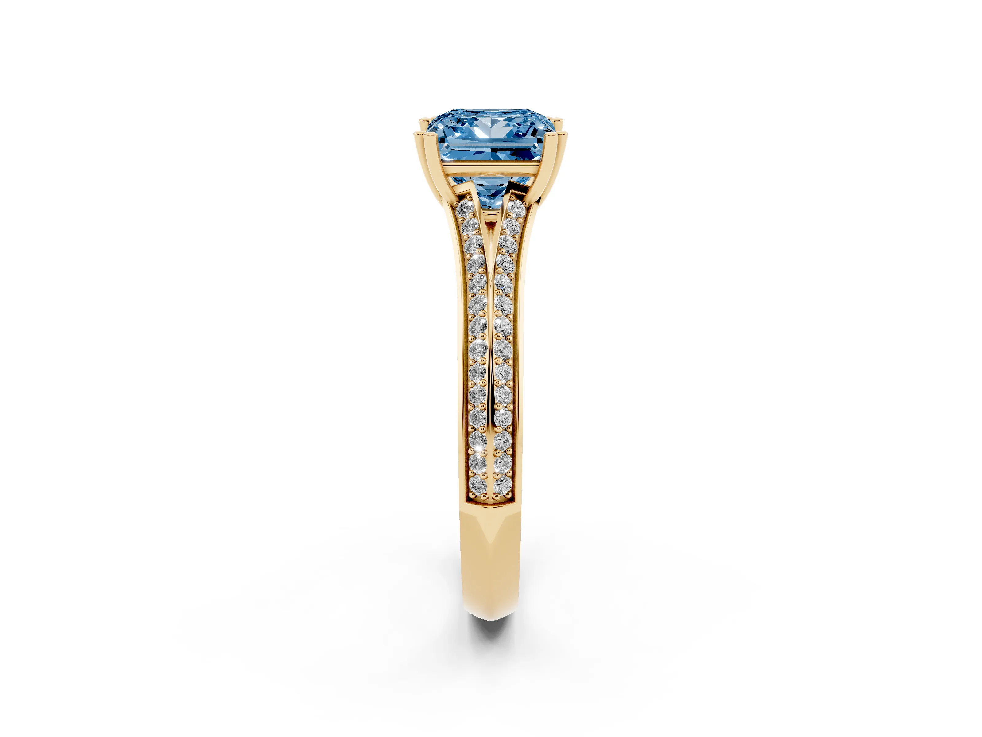 Fancy Blue Princess Cut Diamond Split Shank Pavé Engagement Ring Set in Yellow gold with Prong-Set Center Stone