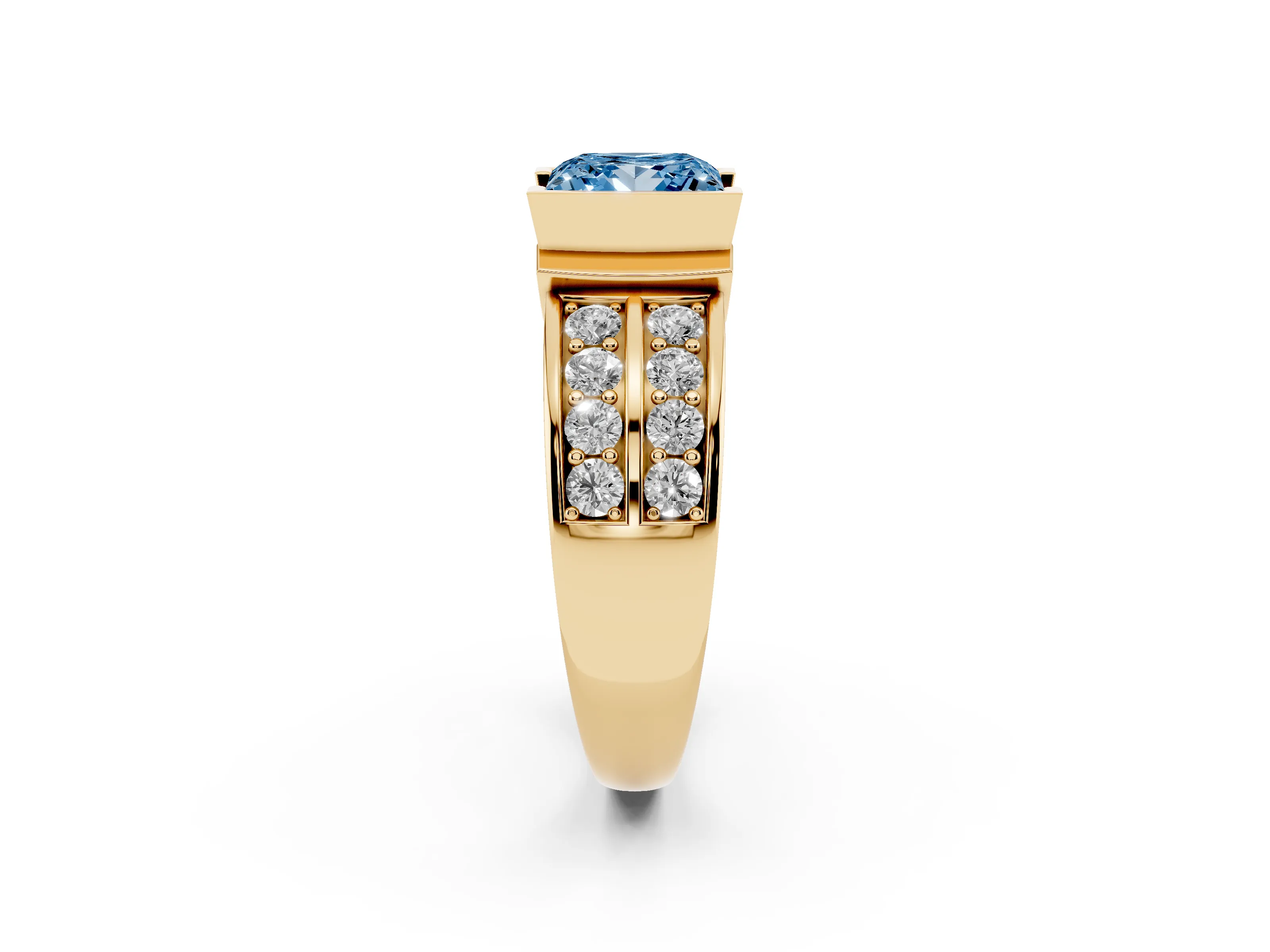 Fancy Blue Princess Cut Diamond Wide Channel Set Band Ring Set in Yellow gold with Bezel Setting
