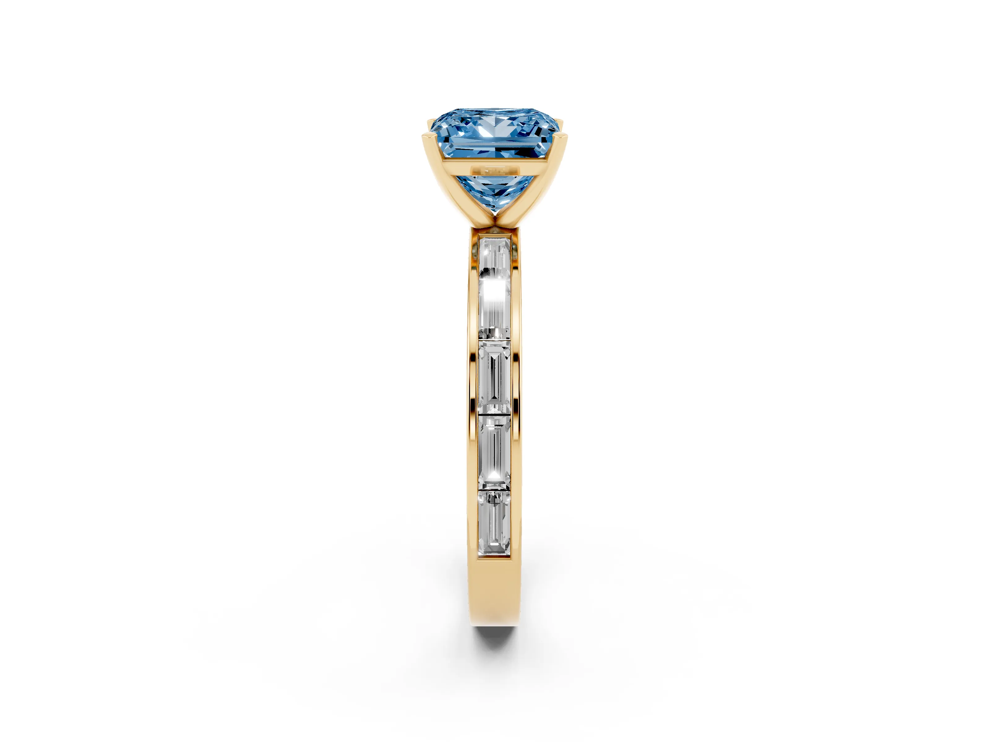 Fancy Blue Princess Cut Diamond Solitaire Ring Set in Yellow gold with Channel-Set Baguette Band and Prong Setting