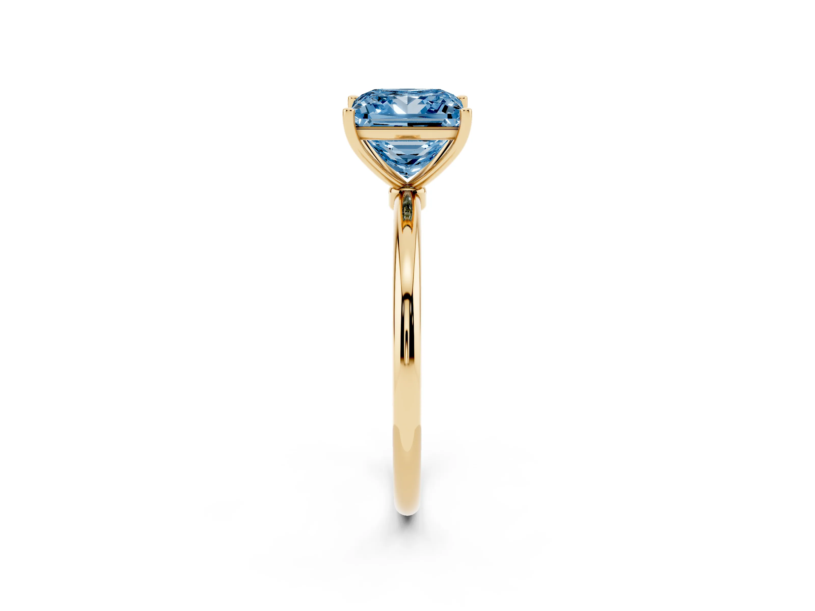 Fancy Blue Princess Cut Diamond Solitaire Engagement Ring Set in Yellow gold with Thin Band and Prong Setting