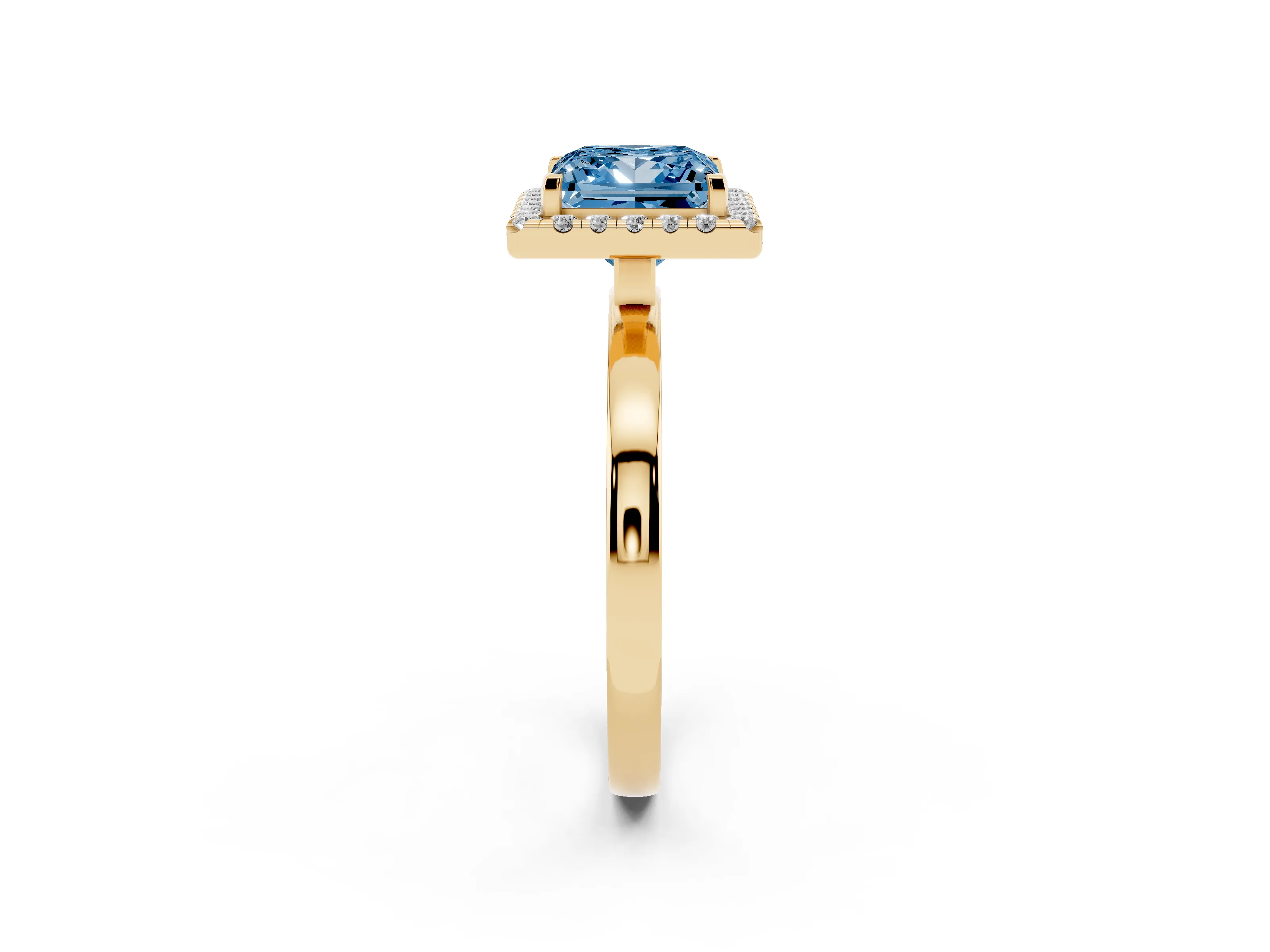 Fancy Blue Princess Cut Diamond Halo Solitaire Ring Set in Yellow gold with Pavé Band and Prong Setting