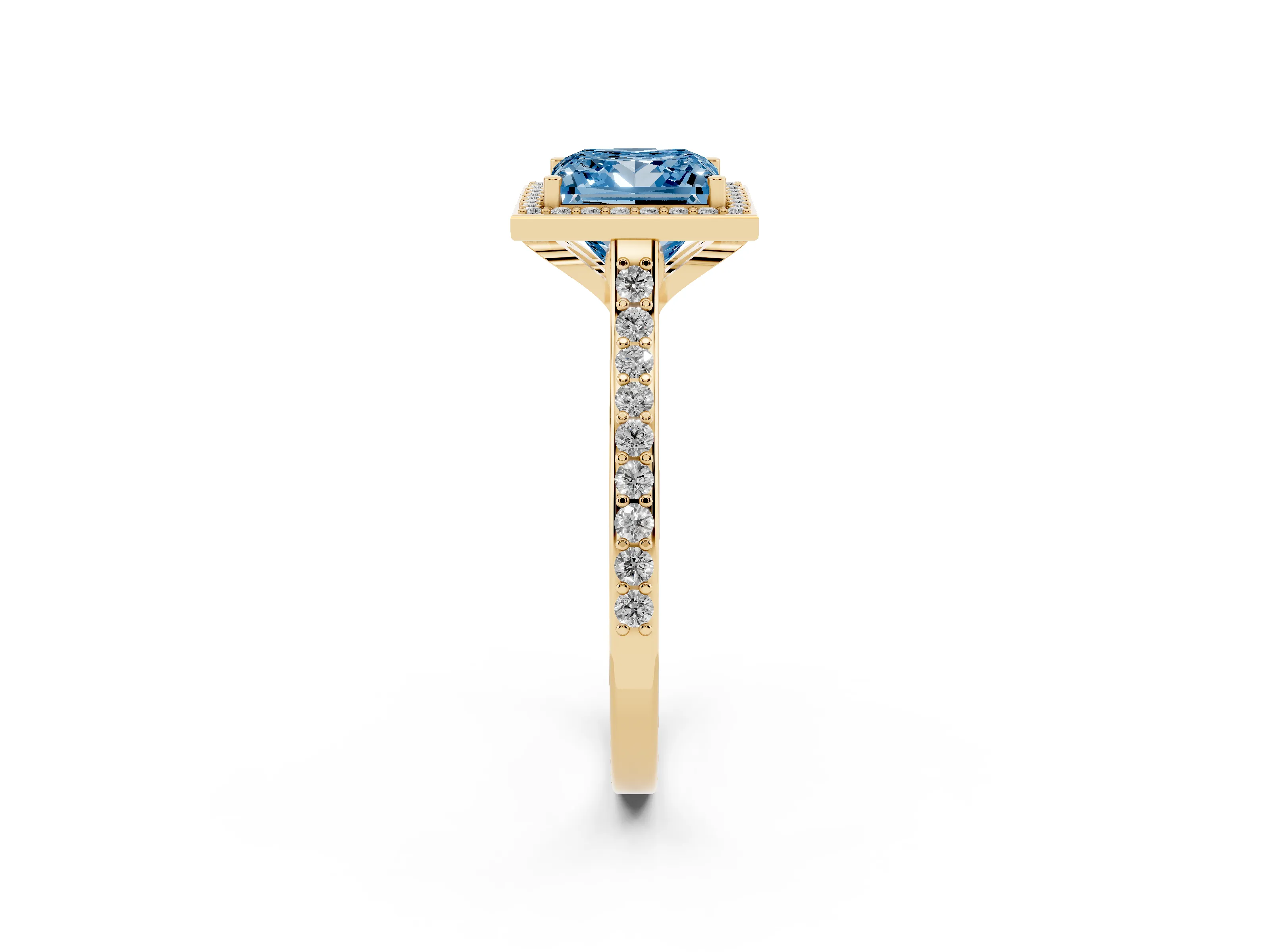 Fancy Blue Princess Cut Diamond Halo Engagement Ring Set in Yellow gold with Round Pavé Shoulders and Heart Gallery