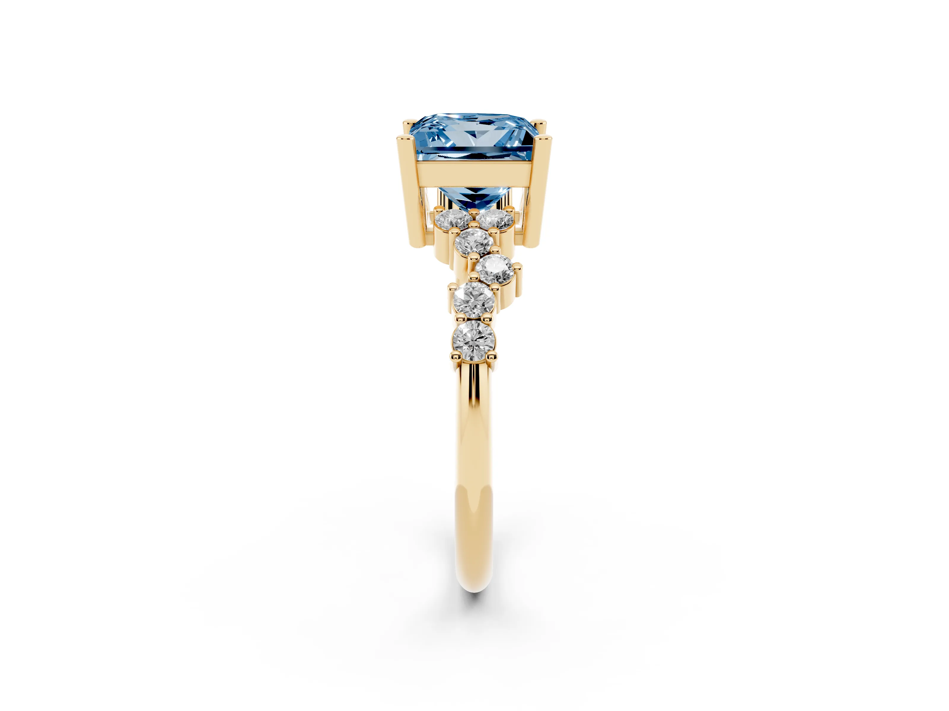Fancy Blue Princess Cut Diamond Ring Set in Yellow gold with Scattered Round Accents