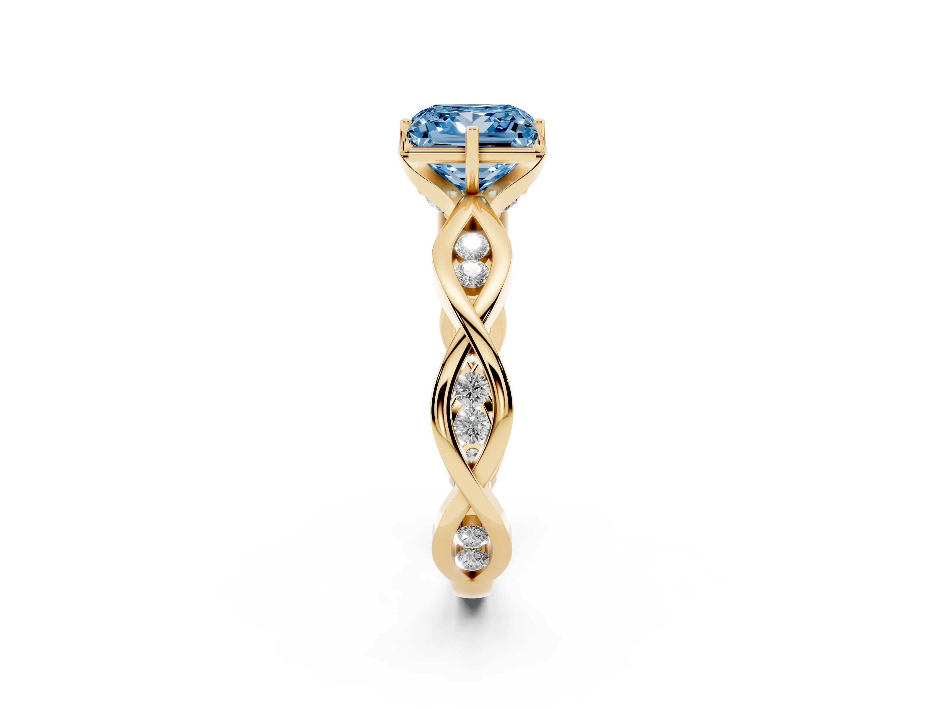 Fancy Blue Princess Cut Diamond Twist Band Solitaire Ring Set in Yellow gold with Leaf Prong Setting and Accent Stones