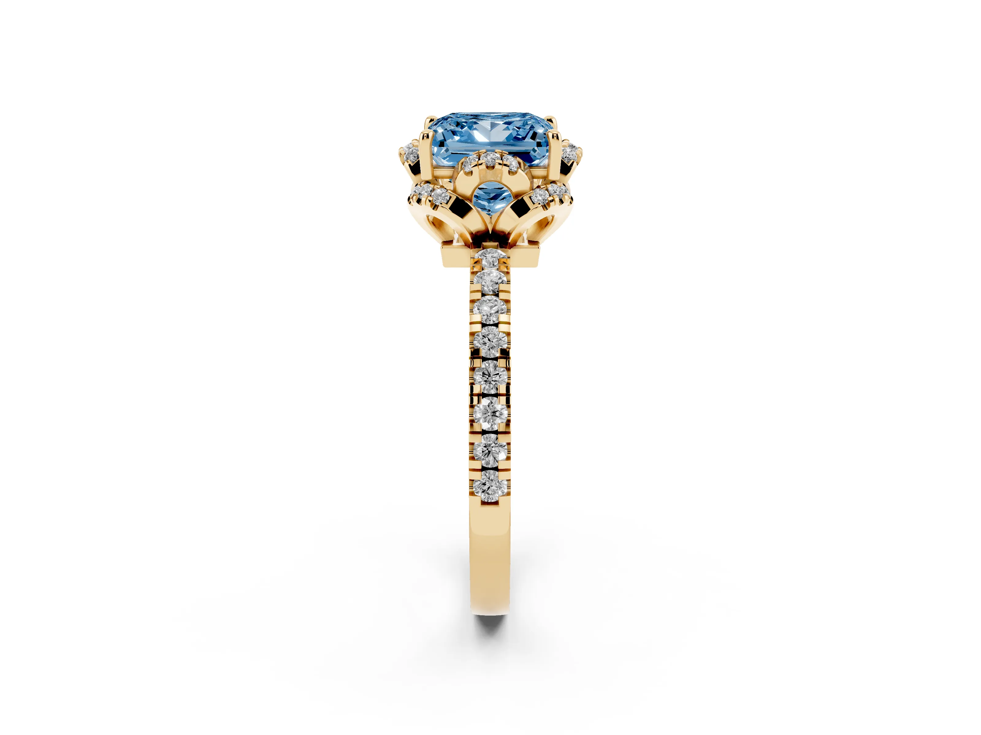 Fancy Blue Princess Cut Diamond Halo Pavé Band Ring Set in Yellow gold with Prong-Held Center