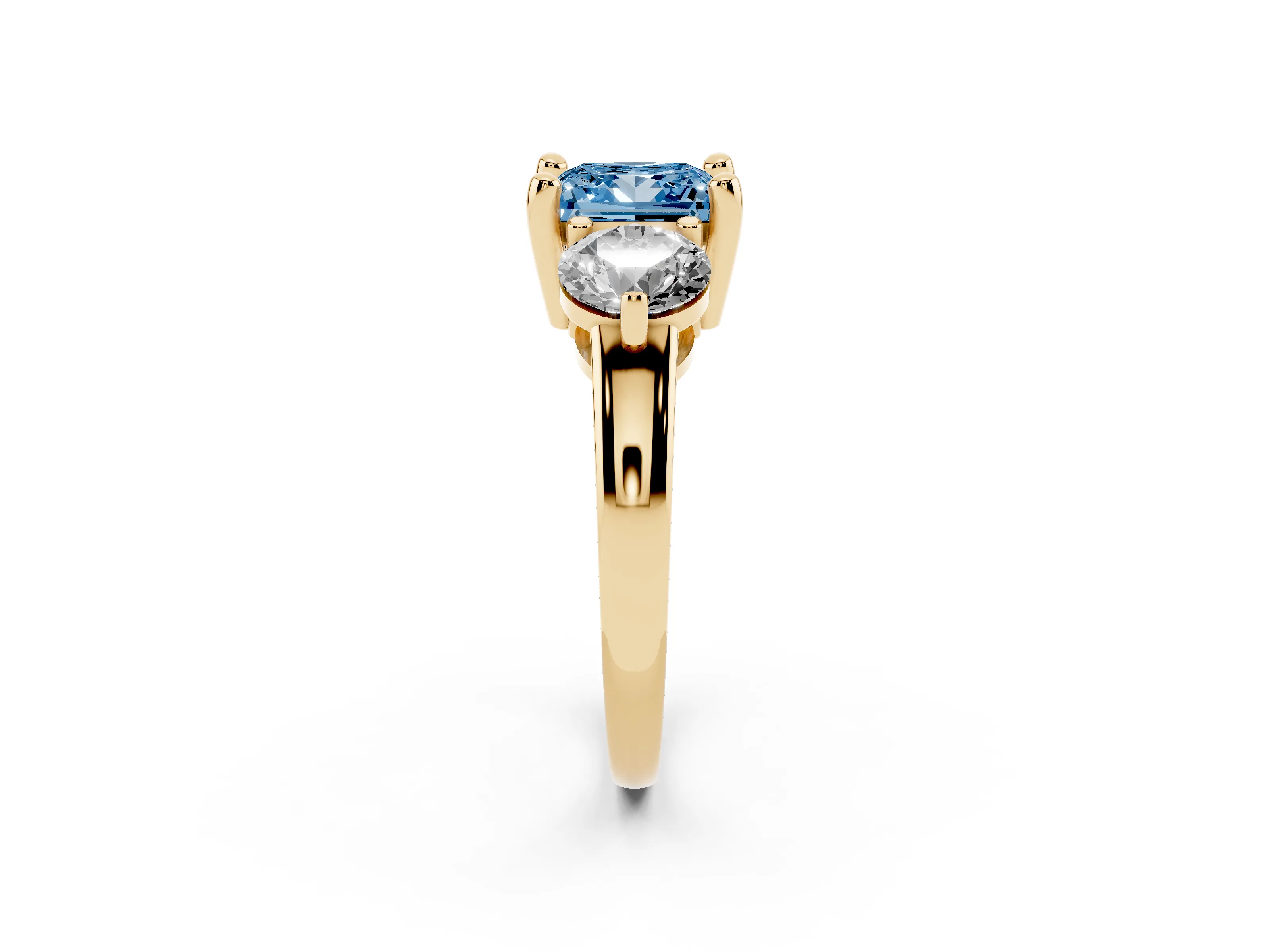 Fancy Blue Princess Cut Diamond Three-Stone Ring Set in Yellow gold with Prong Setting and Classic Band
