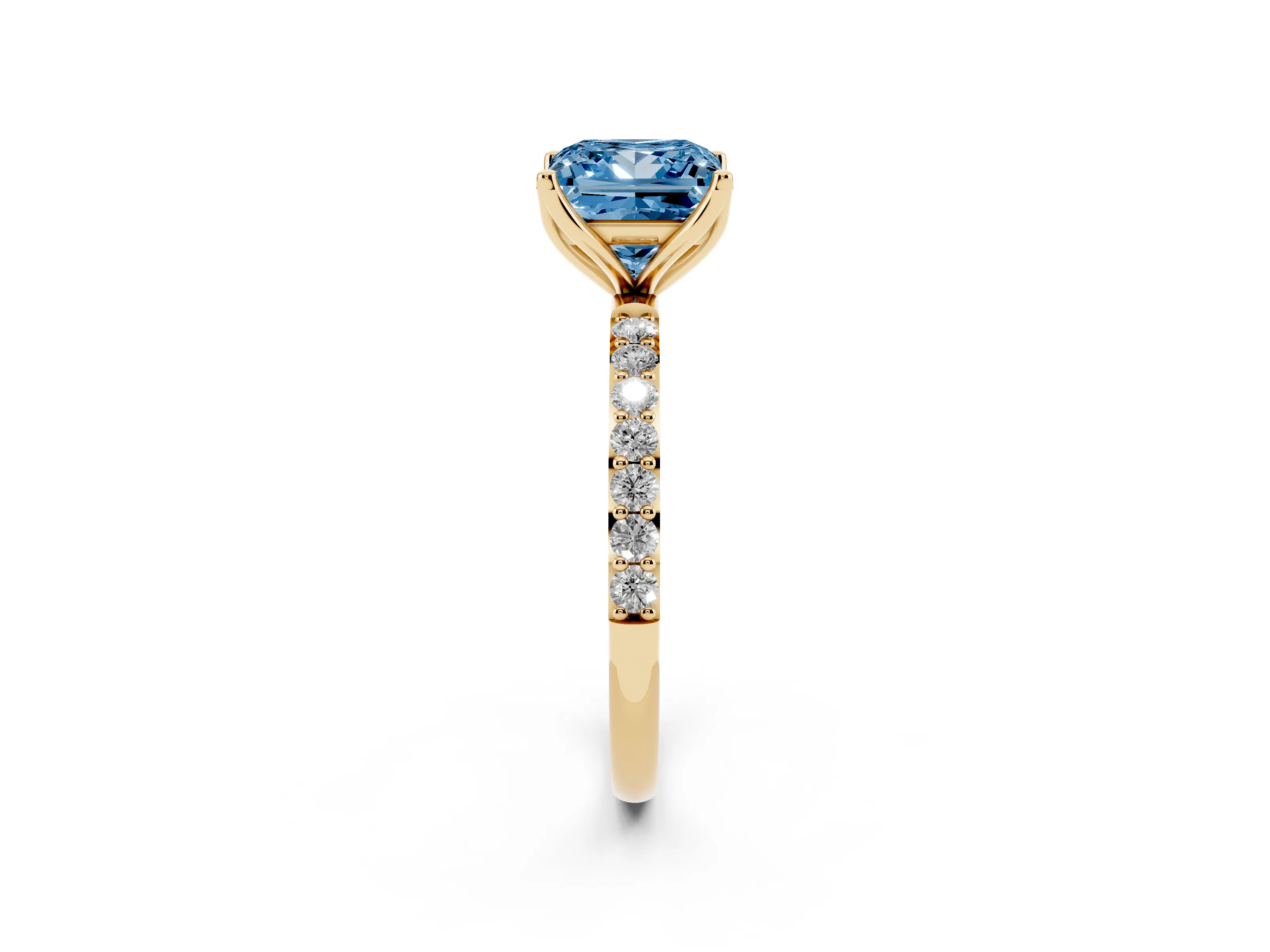 Fancy Blue Princess Cut Diamond Solitaire Engagement Ring Set in Yellow gold with Round Pavé Band and Prong Setting