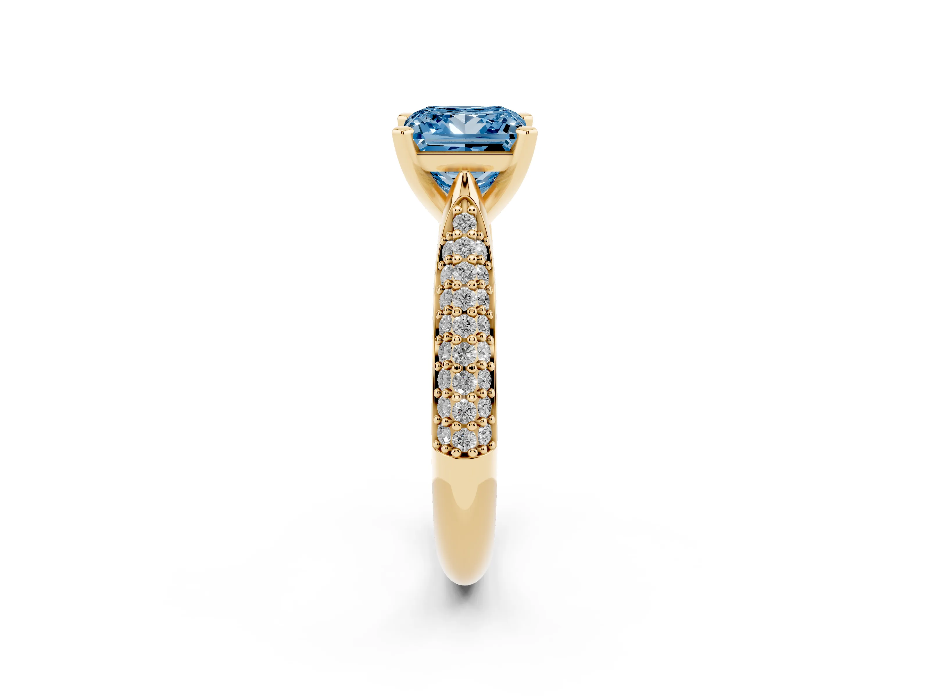 Fancy Blue Princess Cut Diamond Solitaire Engagement Ring Set in Yellow gold with Multi-Row Round Pavé Band and Prong Setting
