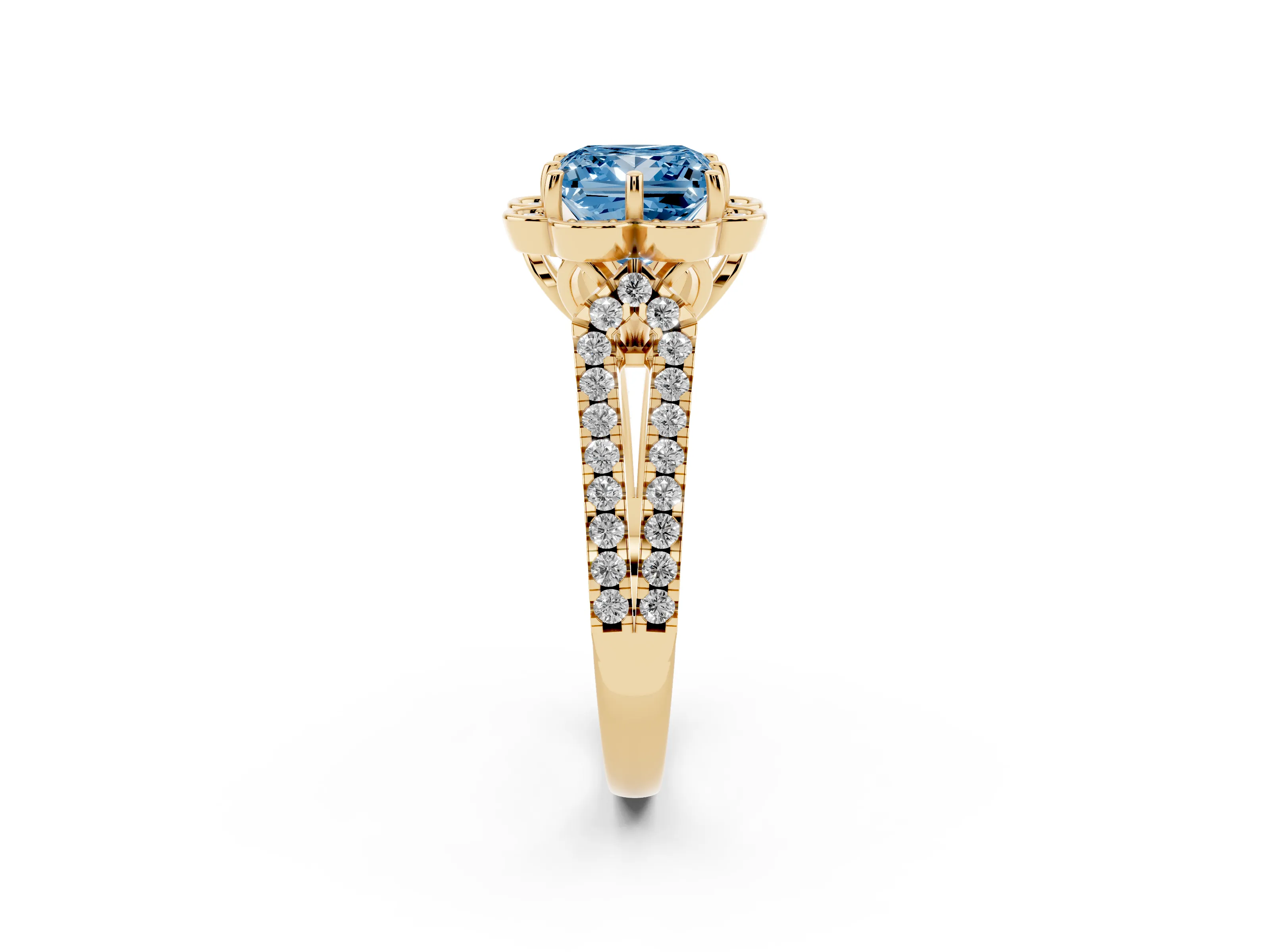 Fancy Blue Princess Cut Diamond Floral Halo Split Shank Engagement Ring Set in Yellow gold with Pavé Shank