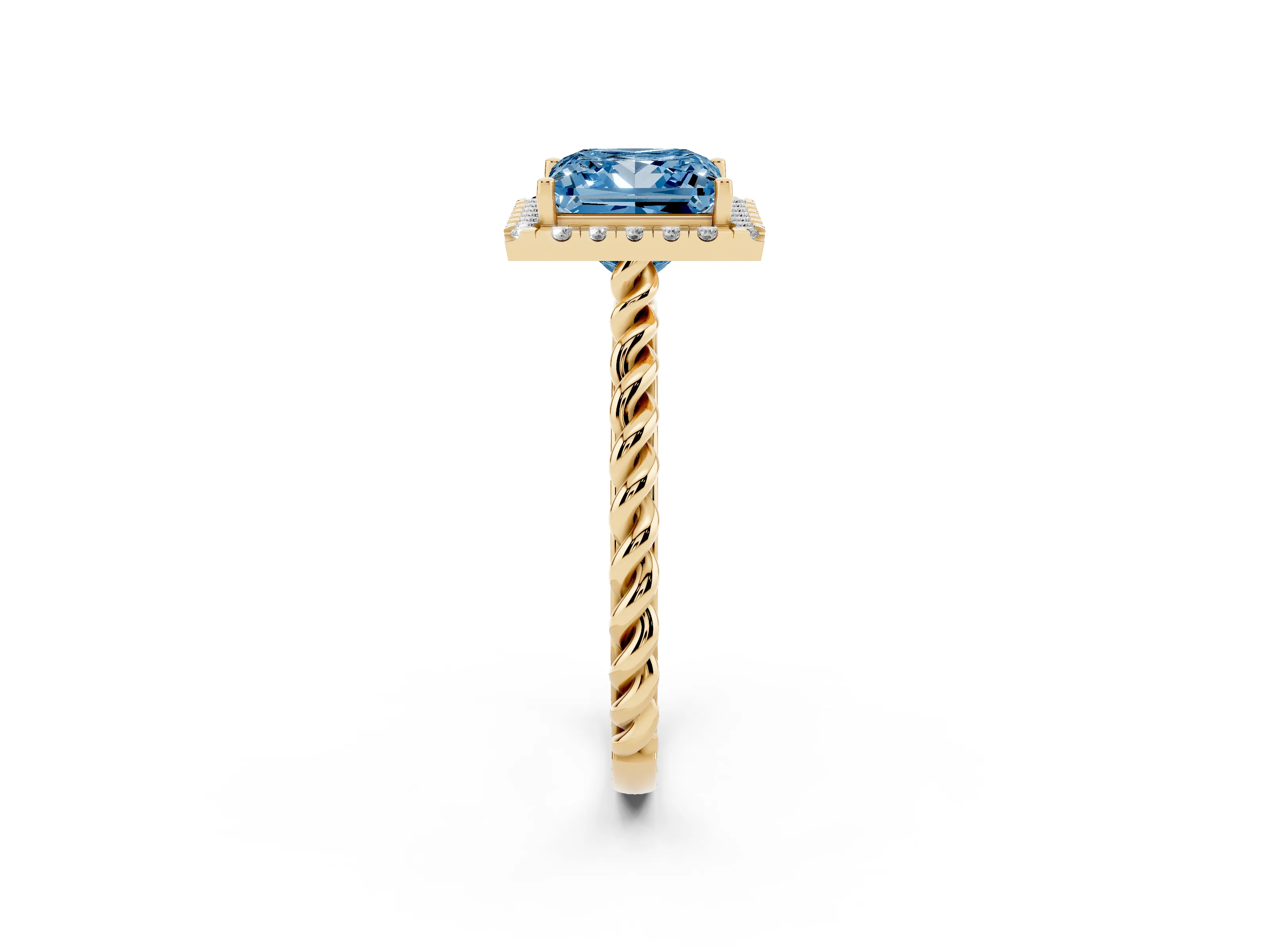 Fancy Blue Princess Cut Diamond Halo Ring Set in Yellow gold with Plain Twisted Band