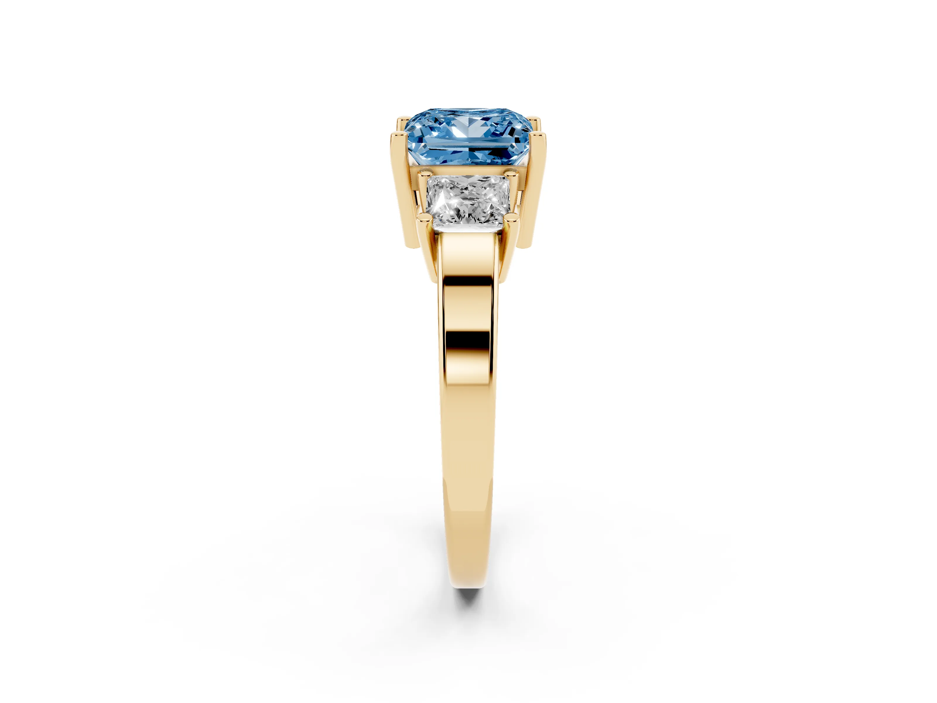 Fancy Blue Three-Stone Princess Cut Diamond Solitaire Ring Set in Yellow gold with Prong Setting