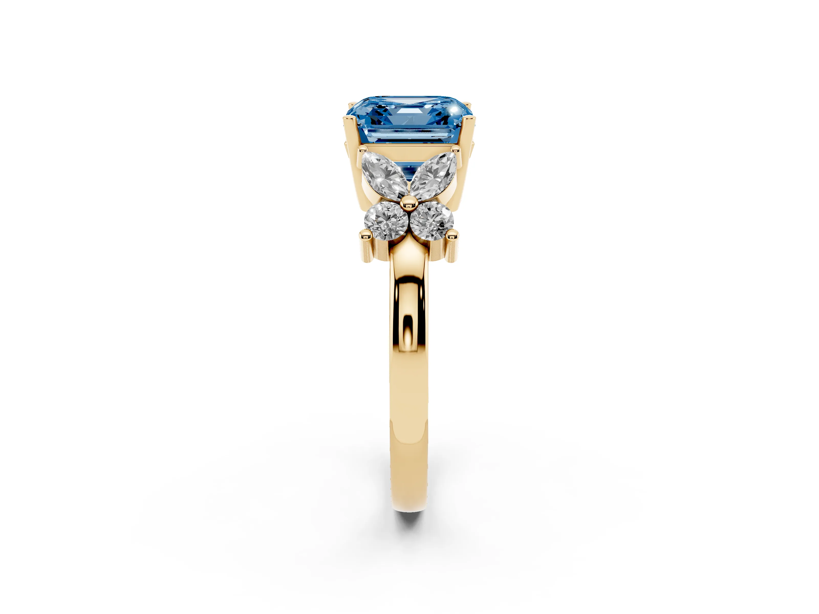Fancy Blue Princess Cut Diamond Floral Cluster Ring Set in Yellow gold with Marquise Petals and Prong Setting