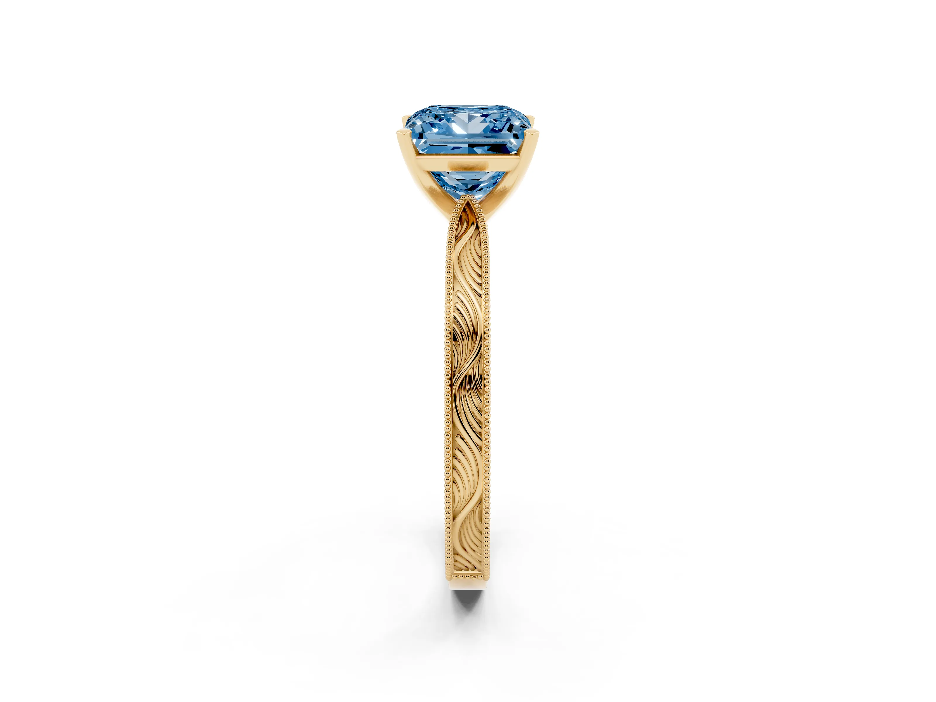 Fancy Blue Princess Cut Diamond Solitaire Milgrain Engraved Band Set in Yellow gold with Prong Setting