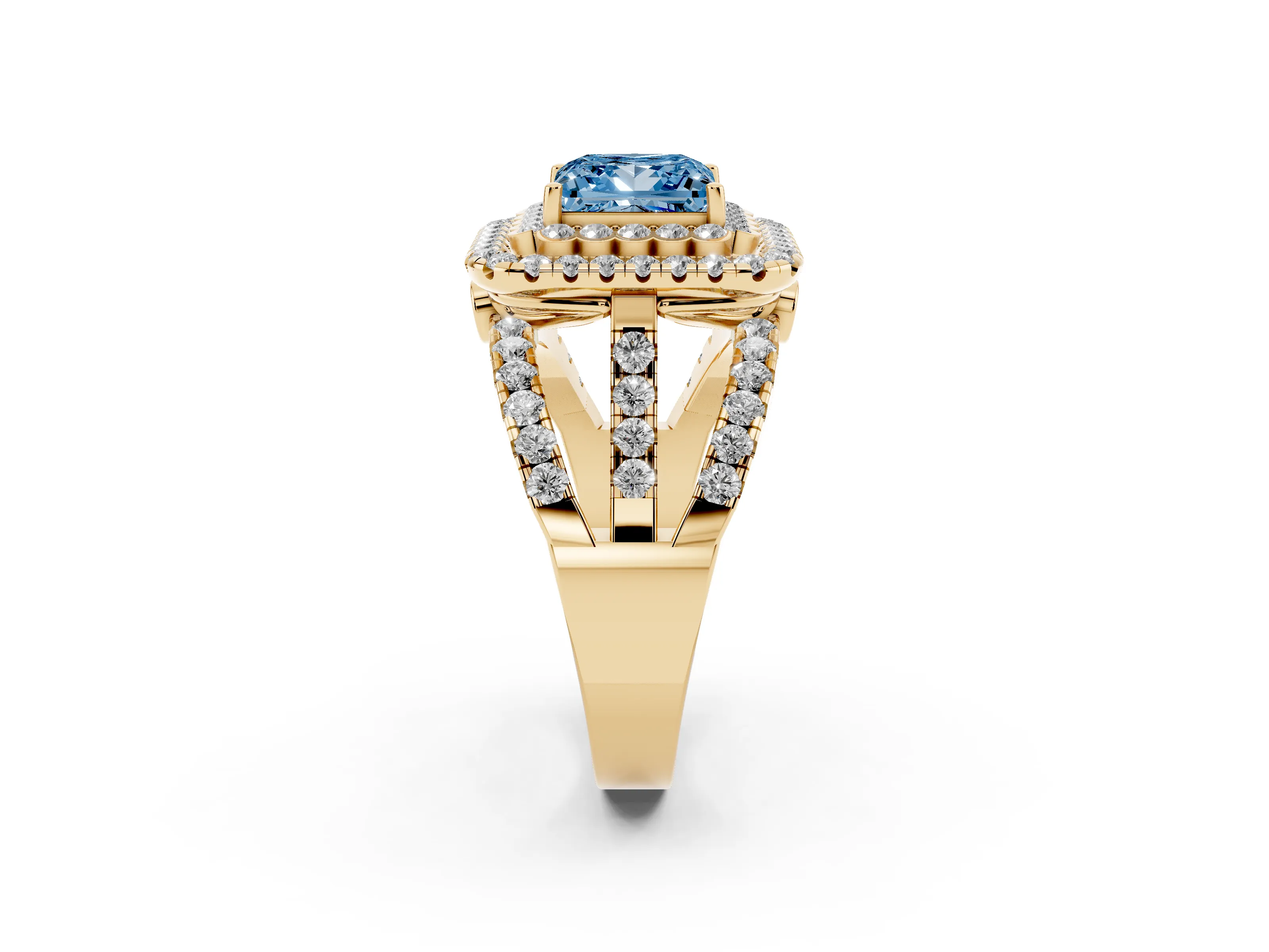 Fancy Blue Princess Cut Diamond Double Halo Ring Set in Yellow gold with Round Pavé Split Shank