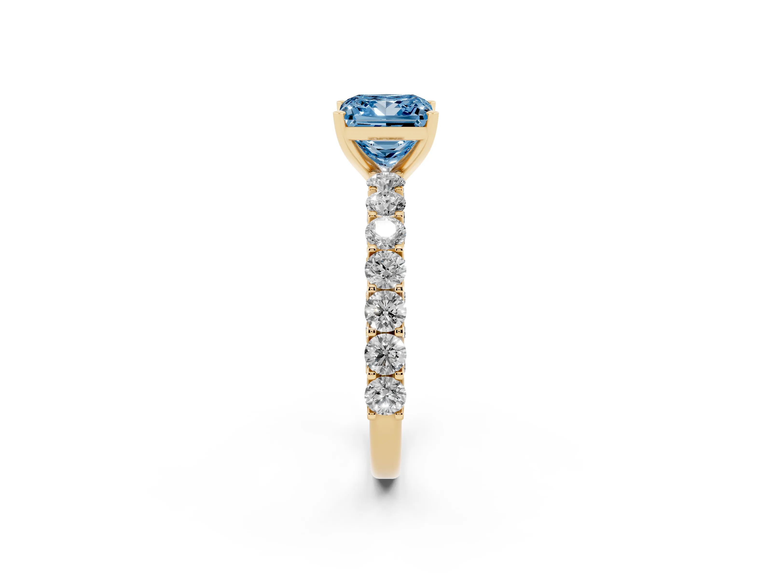 Fancy Blue Princess Cut Diamond Solitaire Ring Set in Yellow gold with Shared Prong Pavé Band