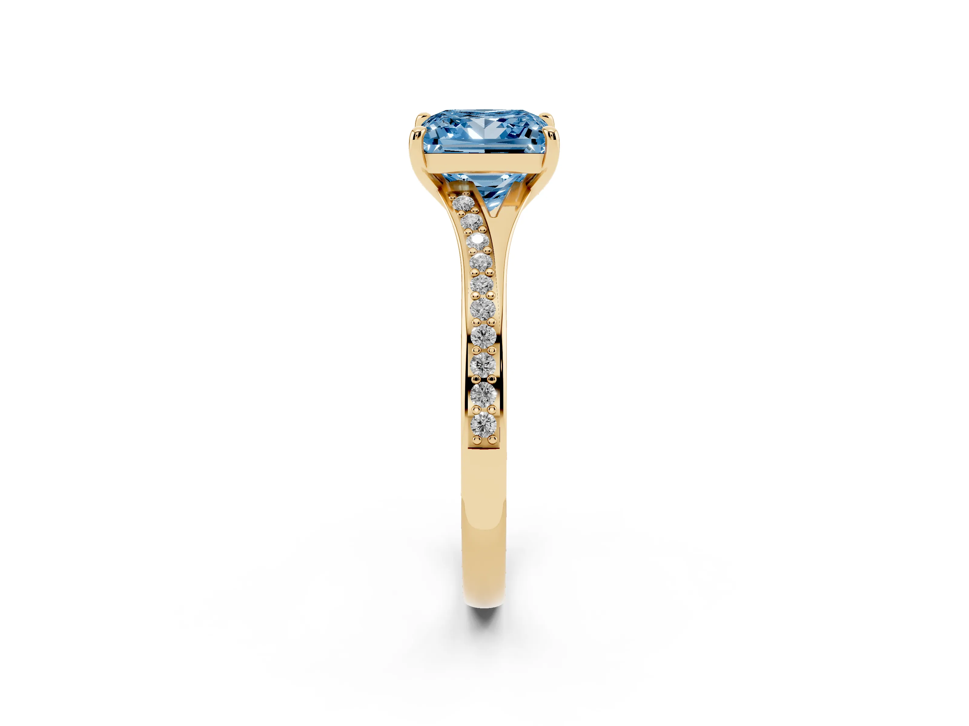 Fancy Blue Princess Cut Diamond Solitaire Ring Set in Yellow gold with Pavé Accent Band and Classic Prong Setting