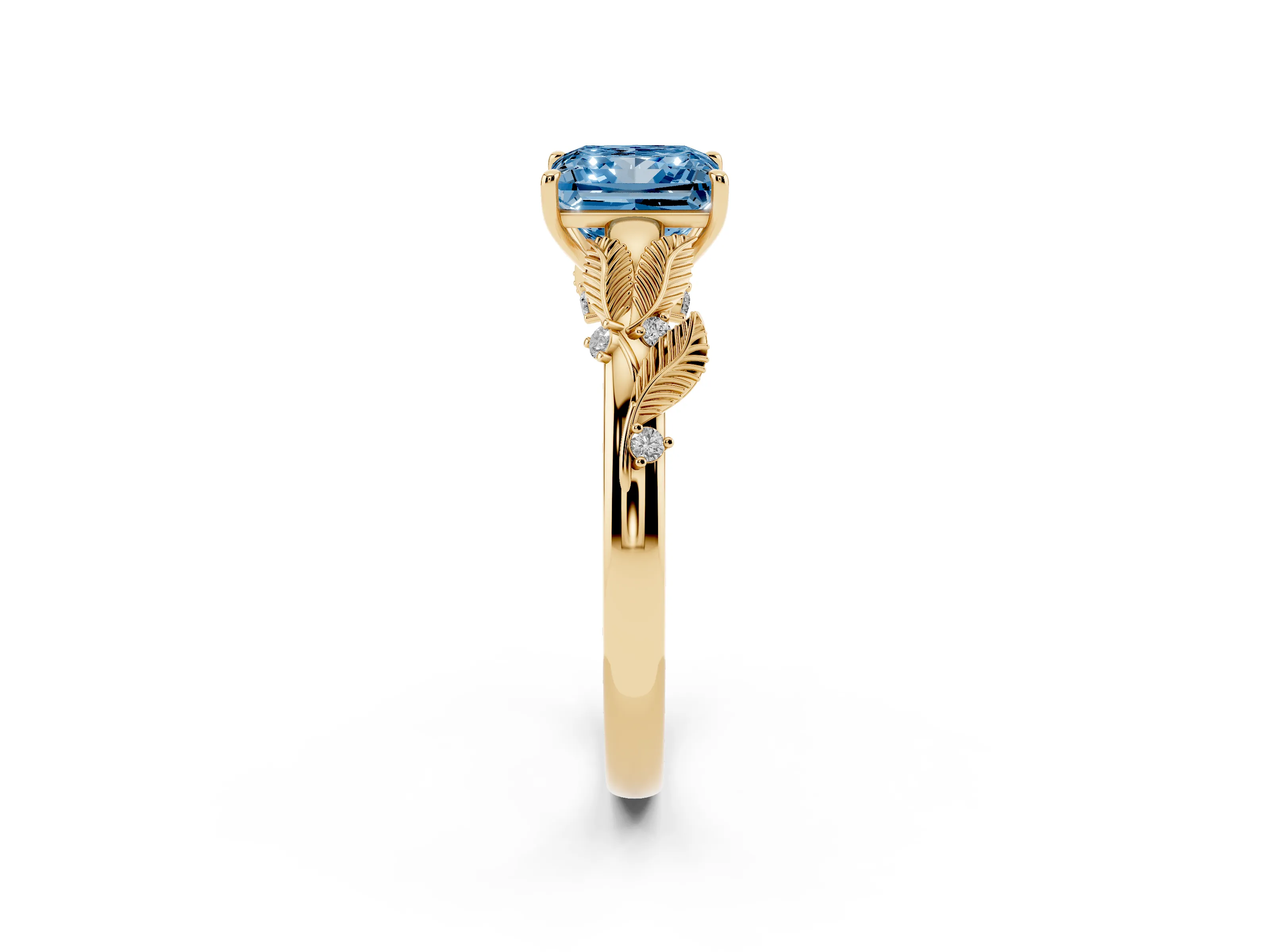 Fancy Blue Princess Cut Diamond Solitaire Ring Set in Yellow gold with Leaf Motif Band