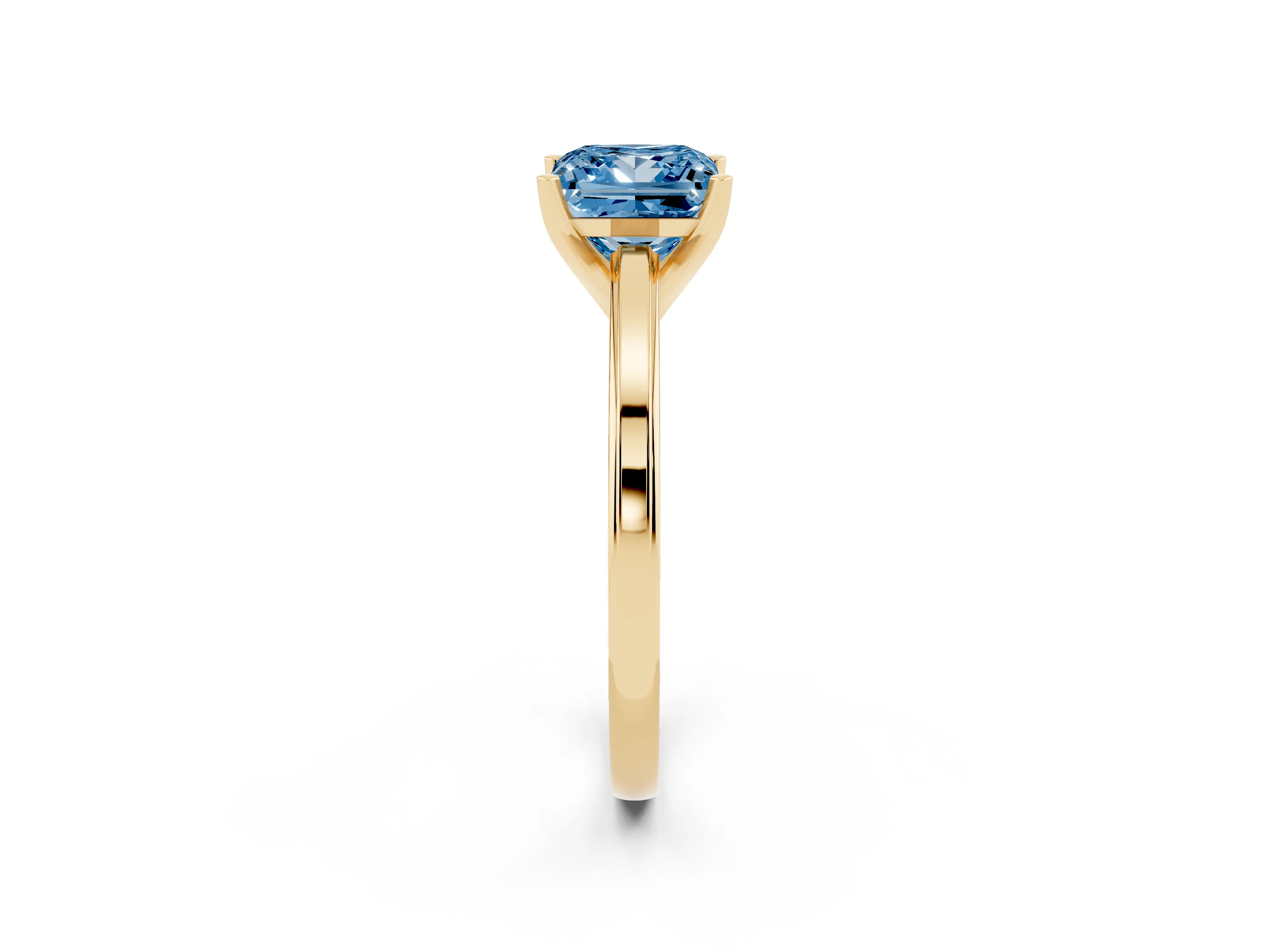 Fancy Blue Princess Cut Diamond Solitaire Ring Set in Yellow gold with Prong Setting and Classic Band