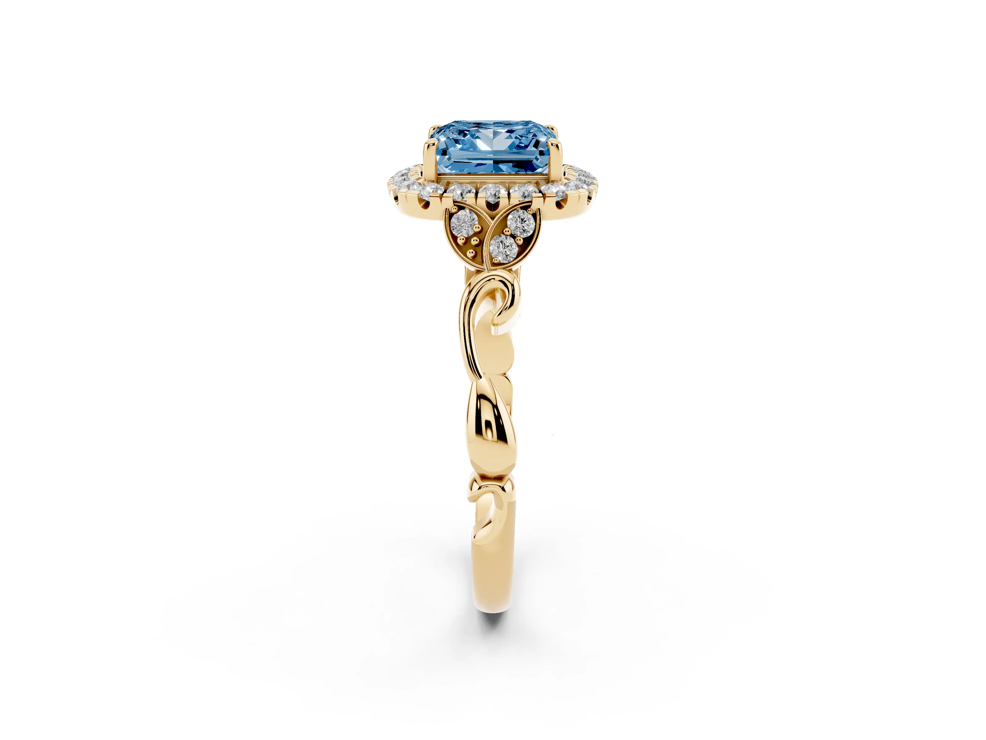 Fancy Blue Princess Cut Diamond Halo Engagement Ring Set in Yellow gold with Vintage-Inspired Band and Prong Setting