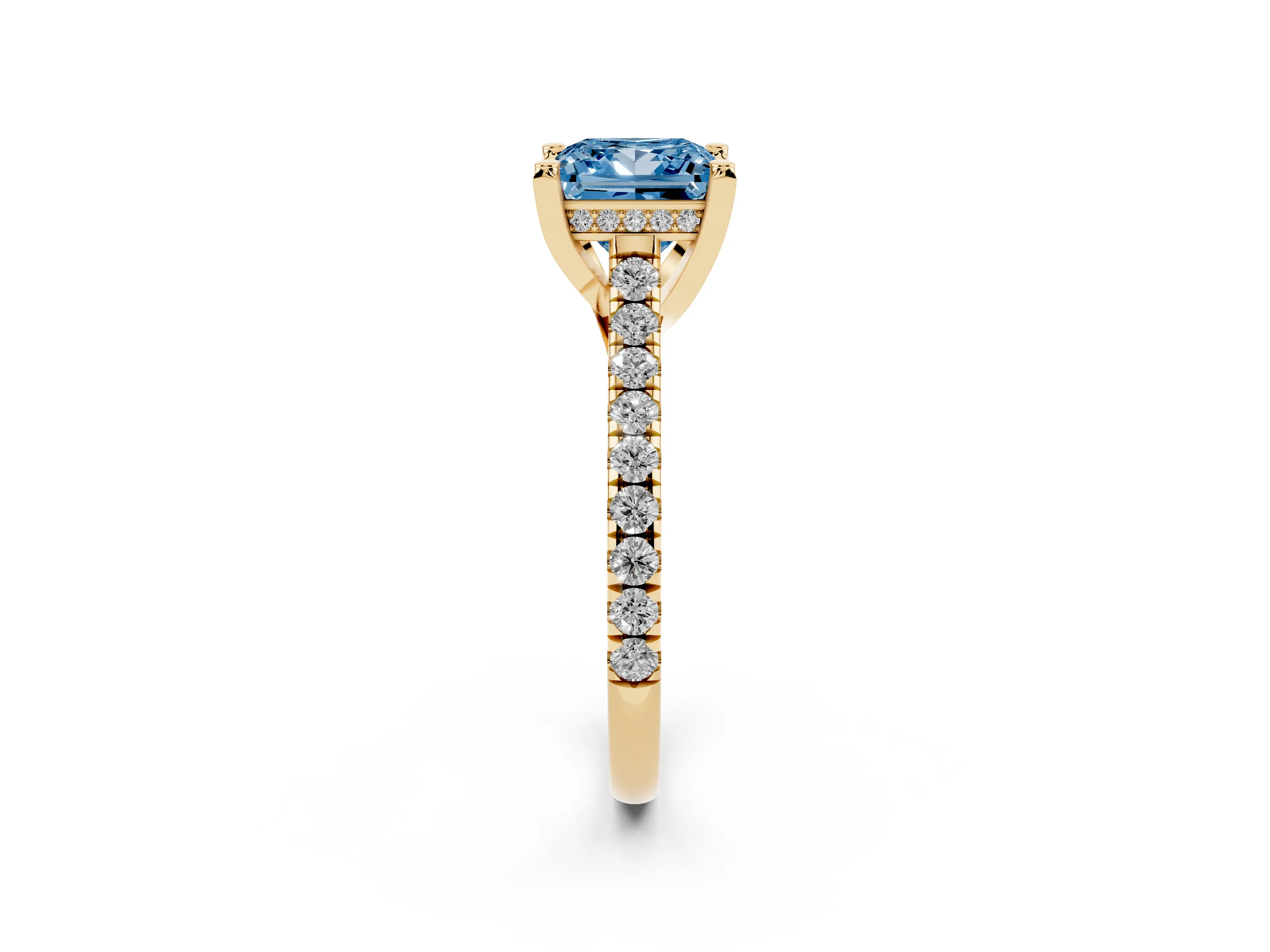 Fancy Blue Princess Cut Diamond Solitaire Ring Set in Yellow gold with Brilliant Pavé Band and Prong Setting