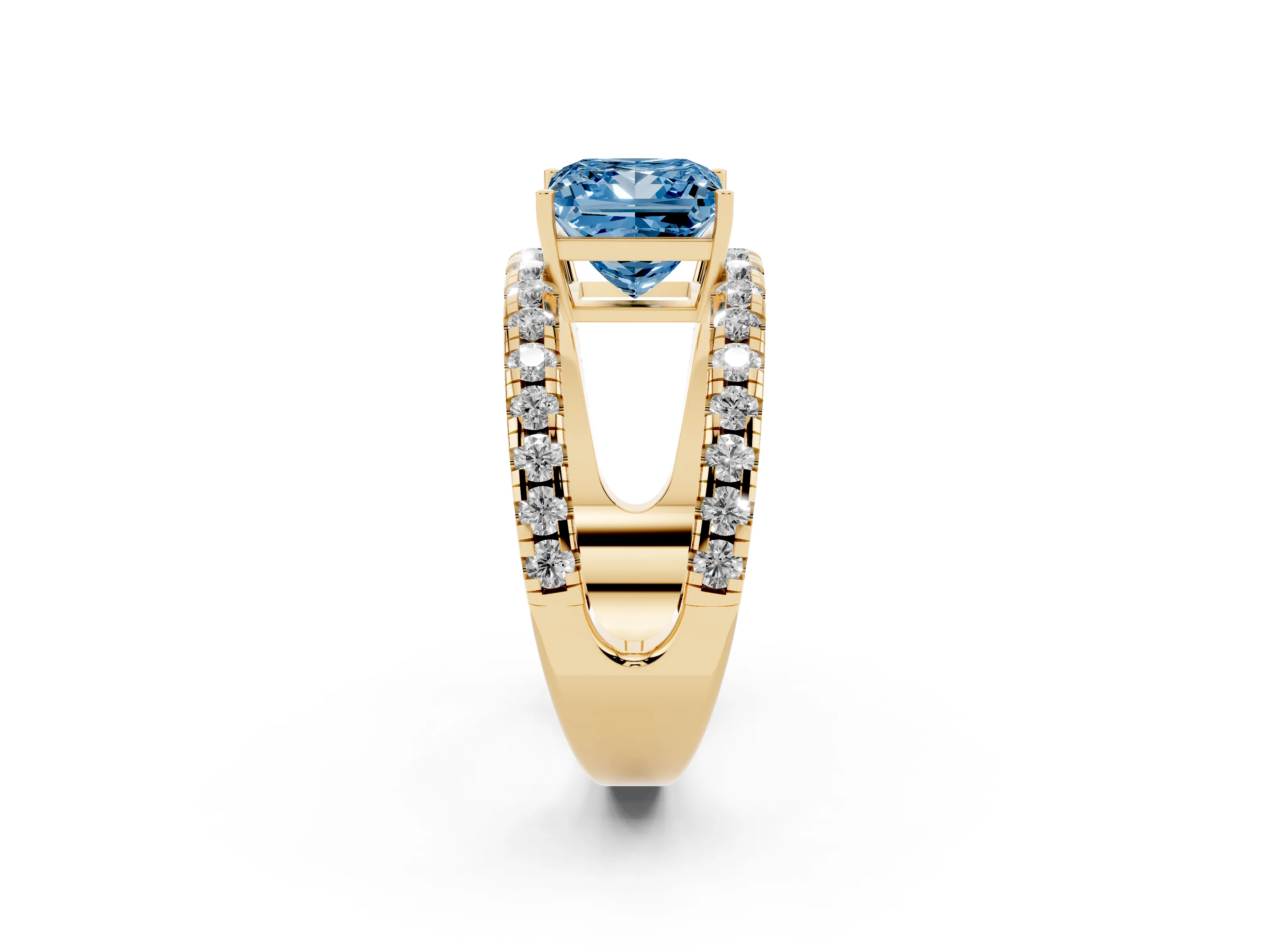 Fancy Blue Princess Cut Diamond Split Shank Pavé Solitaire Ring Set in Yellow gold with Open Shank Design