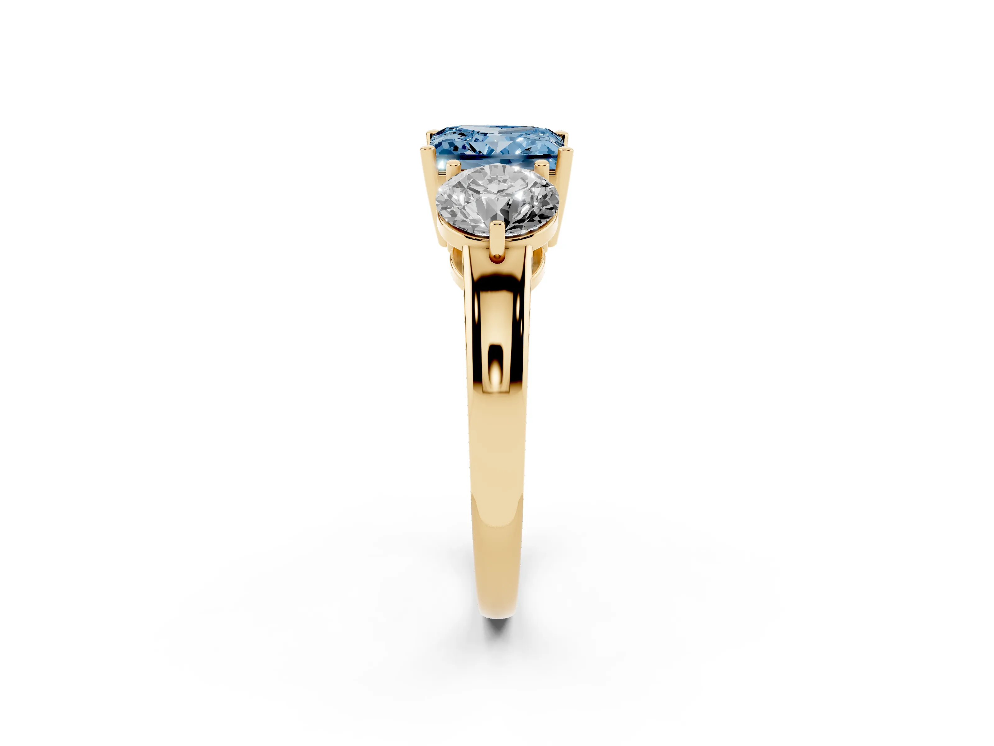 Fancy Blue Princess Cut Diamond Three-Stone Ring Set in Yellow gold with Prong Setting and Plain Band