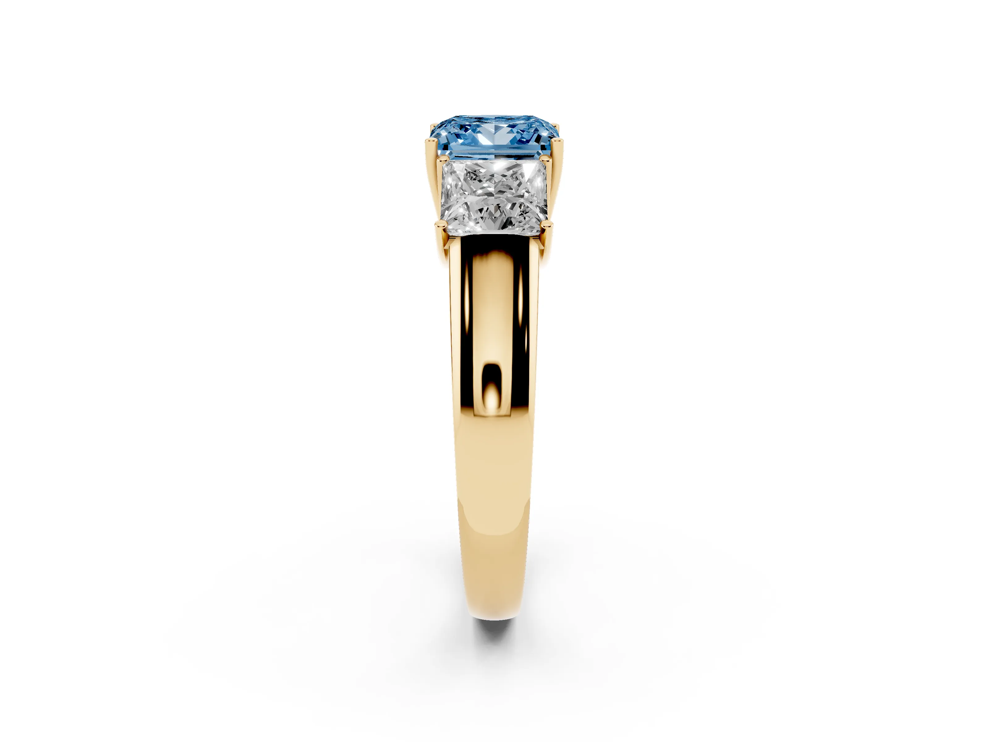 Fancy Blue Three-Stone Princess Cut Diamond Ring Set in Yellow gold with Matching Prong Settings and Plain Band