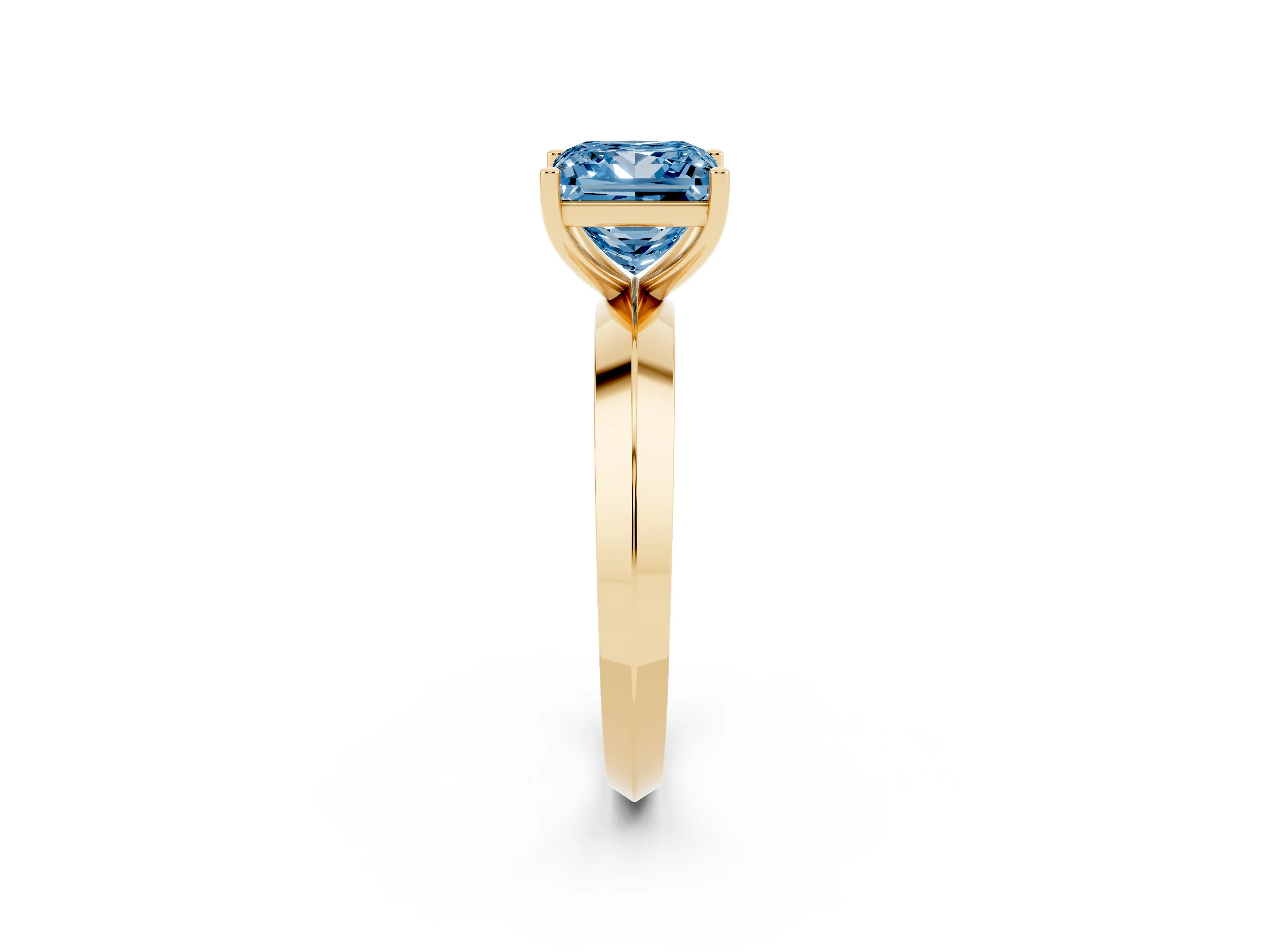 Fancy Blue Princess Cut Diamond Solitaire Engagement Ring Set in Yellow gold with Flat Band and Prong Setting