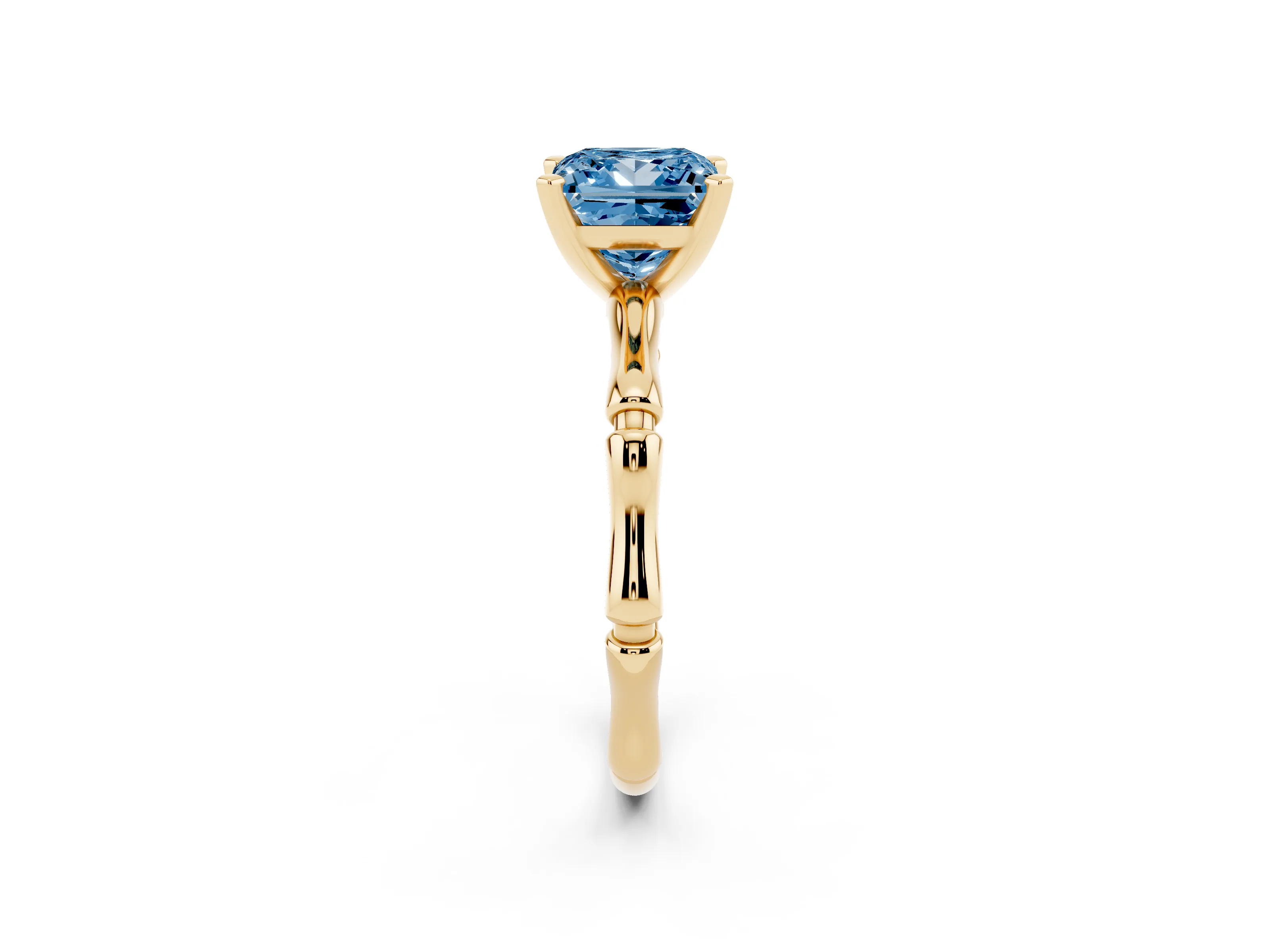 Fancy Blue Princess Cut Diamond Solitaire Ring Set in Yellow gold with Bamboo Band and Prong Setting