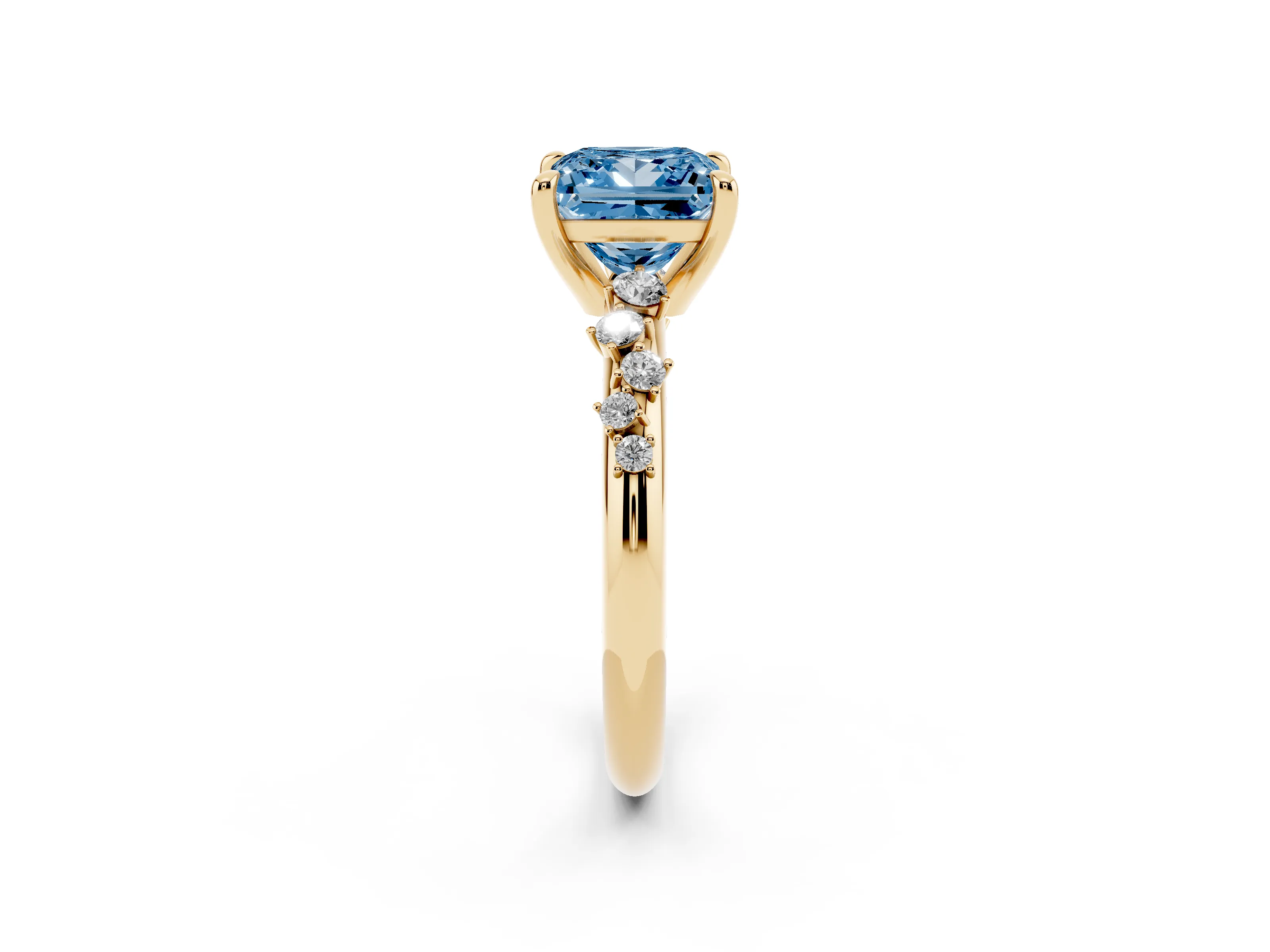 Fancy Blue Princess Cut Diamond Solitaire Vine Band Ring Set in Yellow gold with Round Accents and Prong Setting