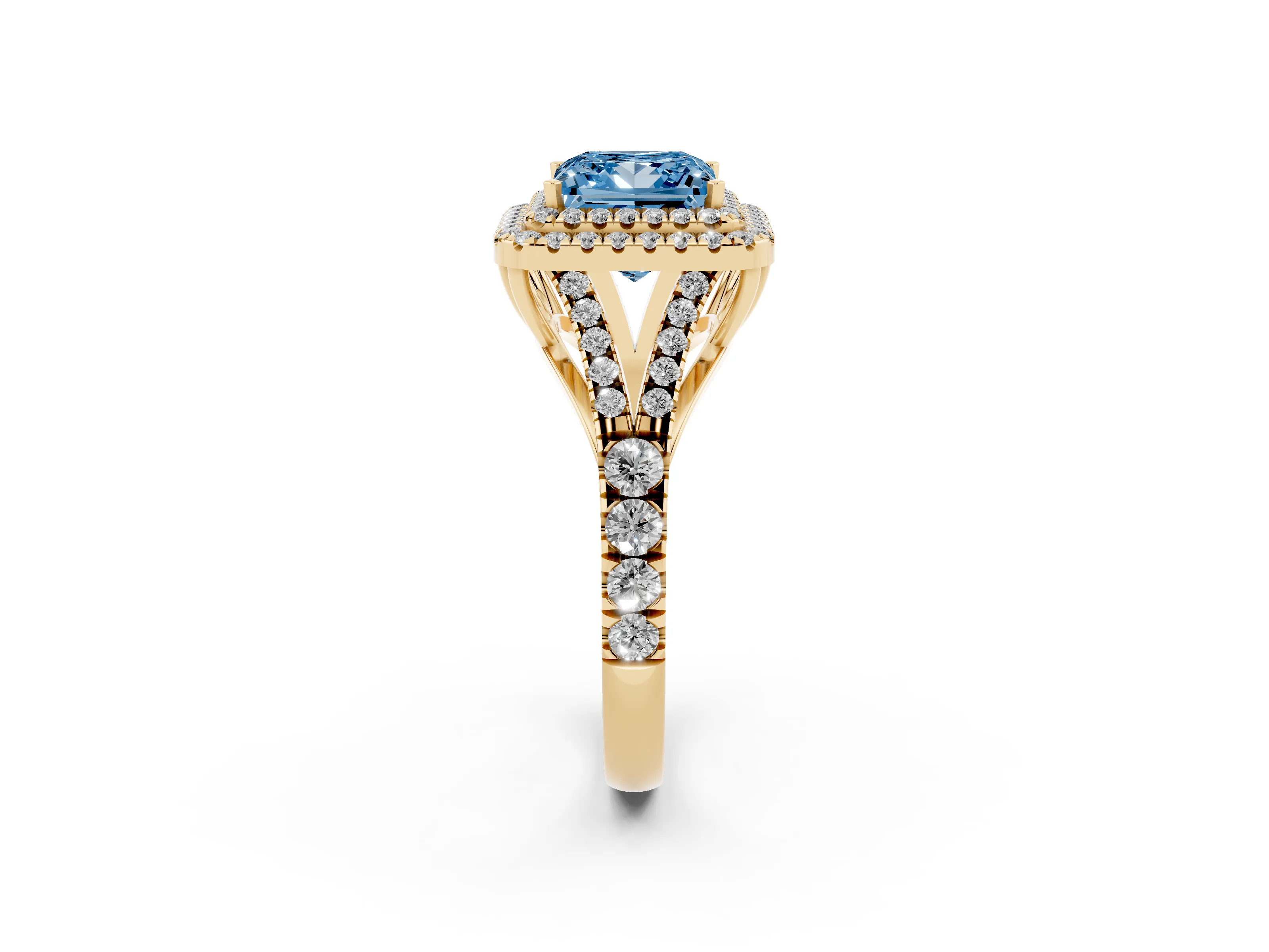 Fancy Blue Princess Cut Diamond Pavé Split Shank Double Halo Engagement Ring Set in Yellow gold