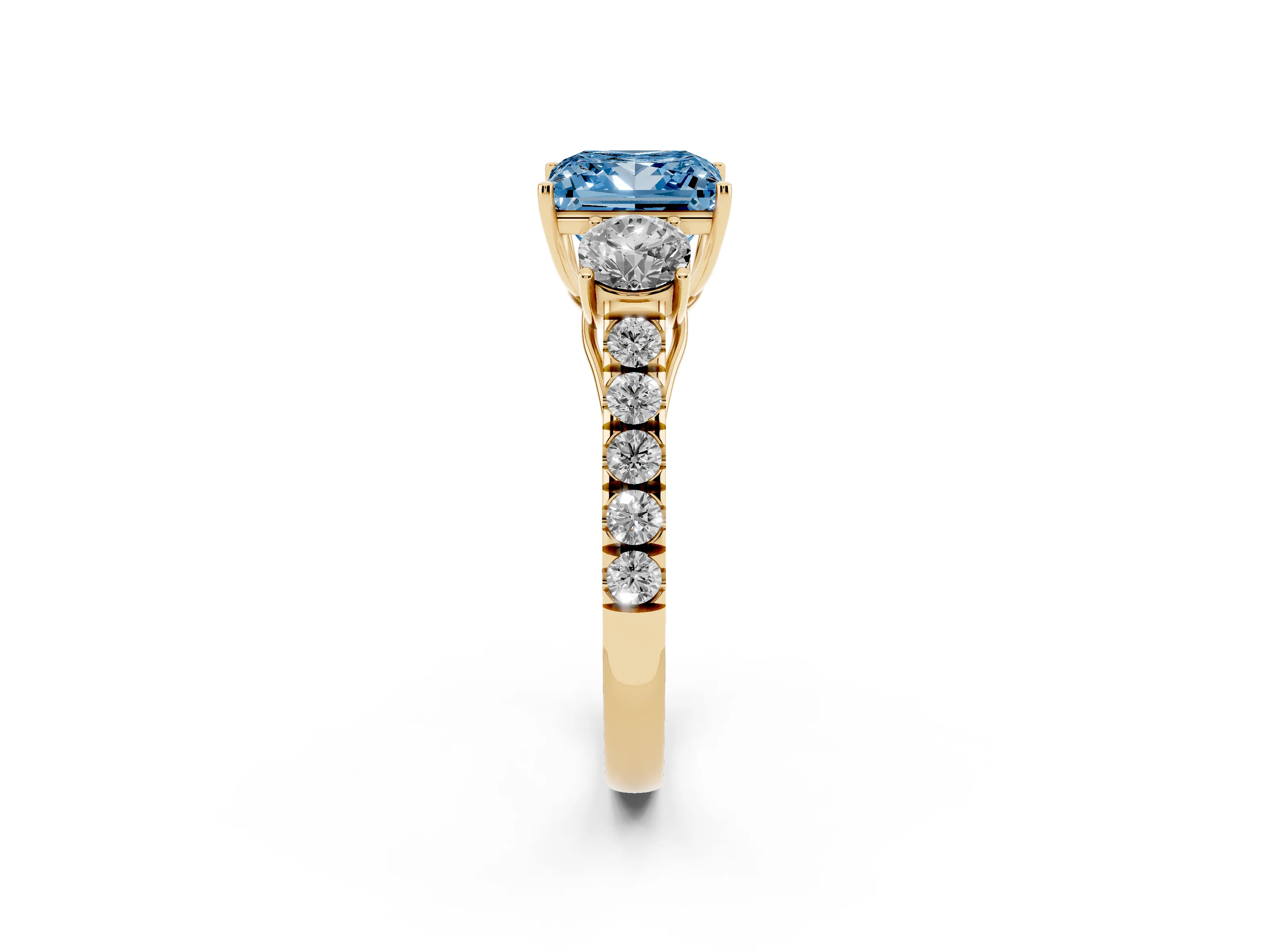 Fancy Blue Princess Cut Diamond Three-Stone Ring Set in Yellow gold with Round Side Stones and Delicate Pavé Band