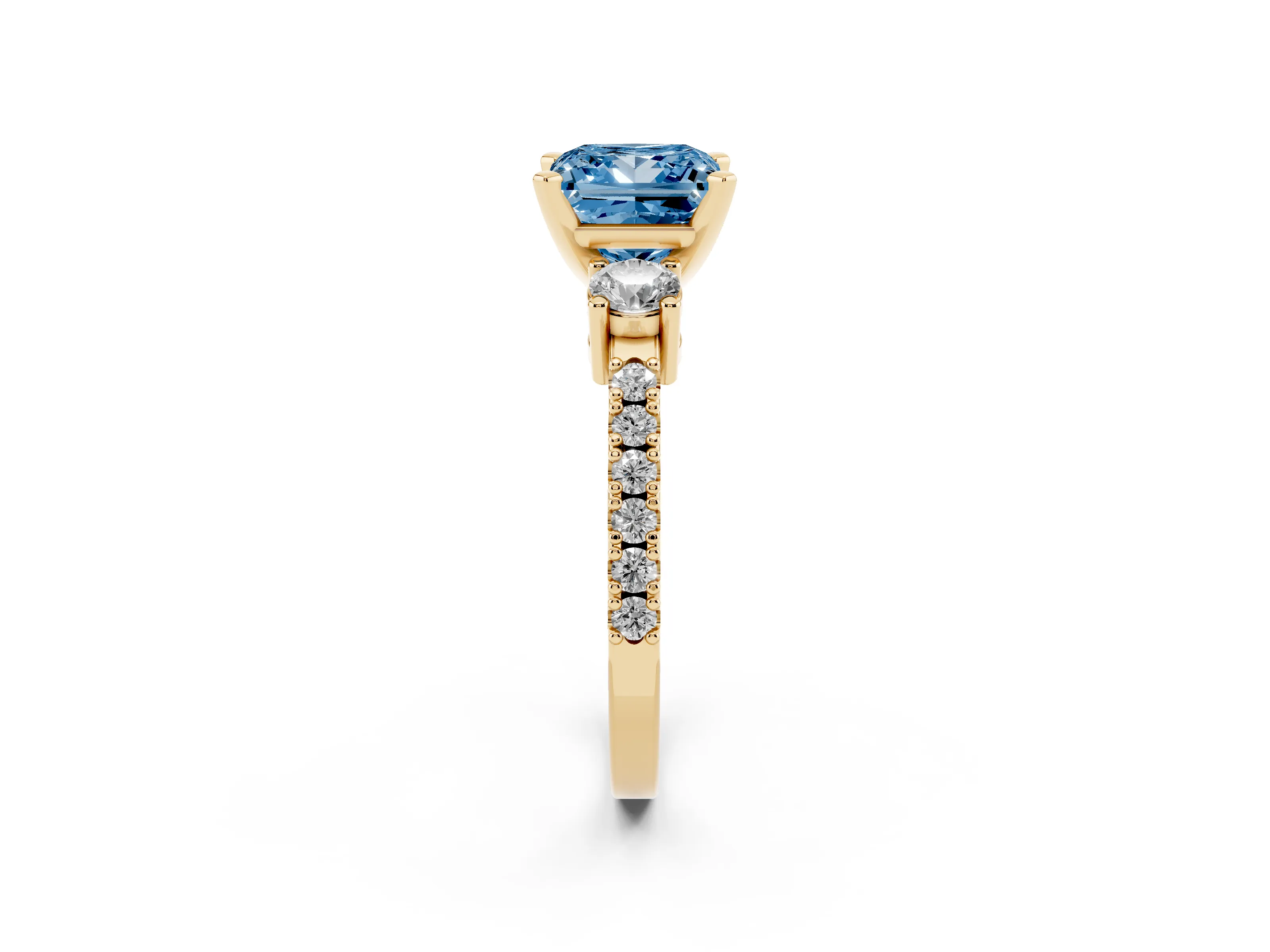 Fancy Blue Three-Stone Princess Cut Diamond Pavé Band Ring Set in Yellow gold with Prong Setting