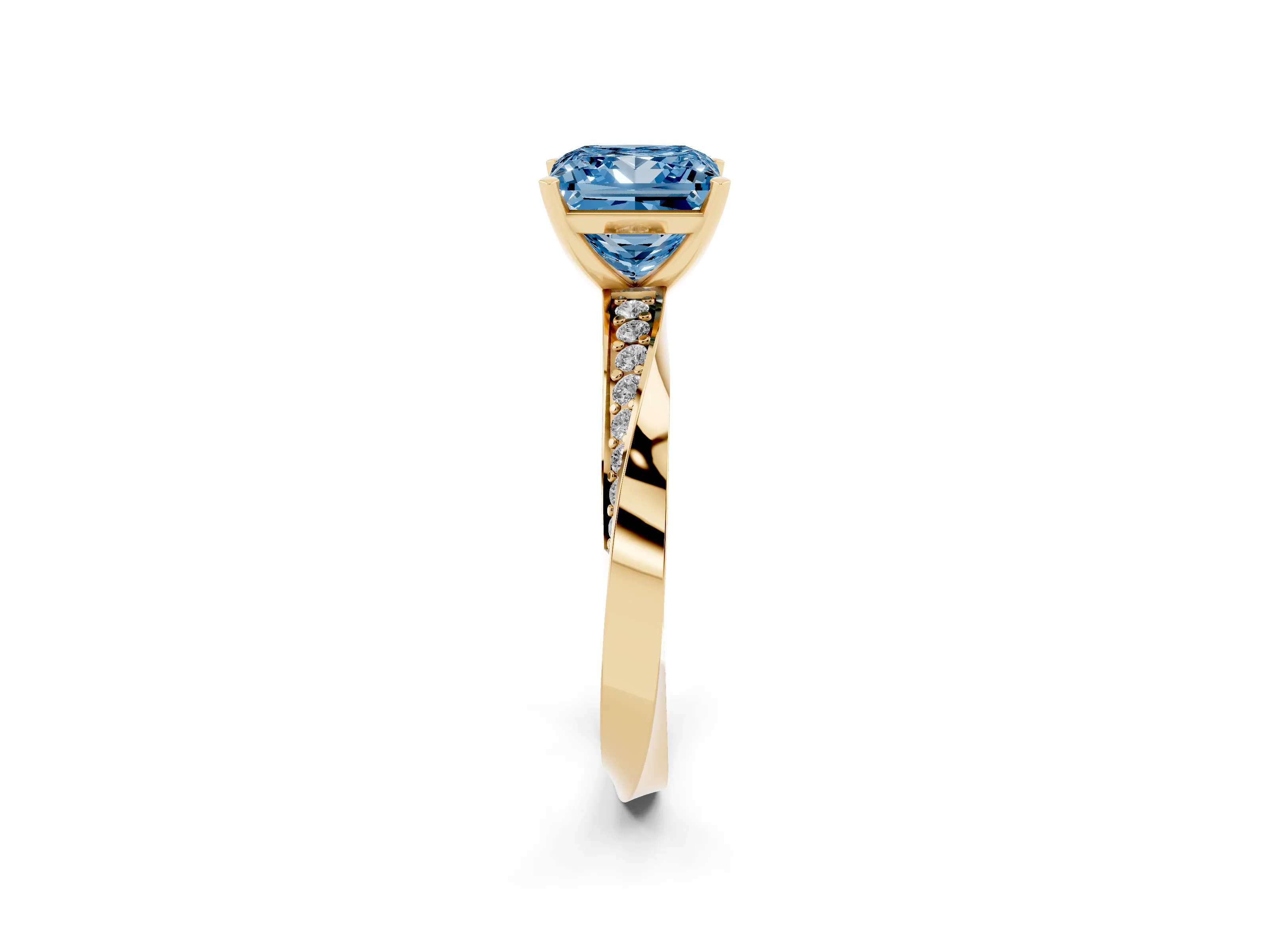 Fancy Blue Princess Cut Diamond Engagement Ring Set in Yellow gold with Side Stone Accents and Prong Setting