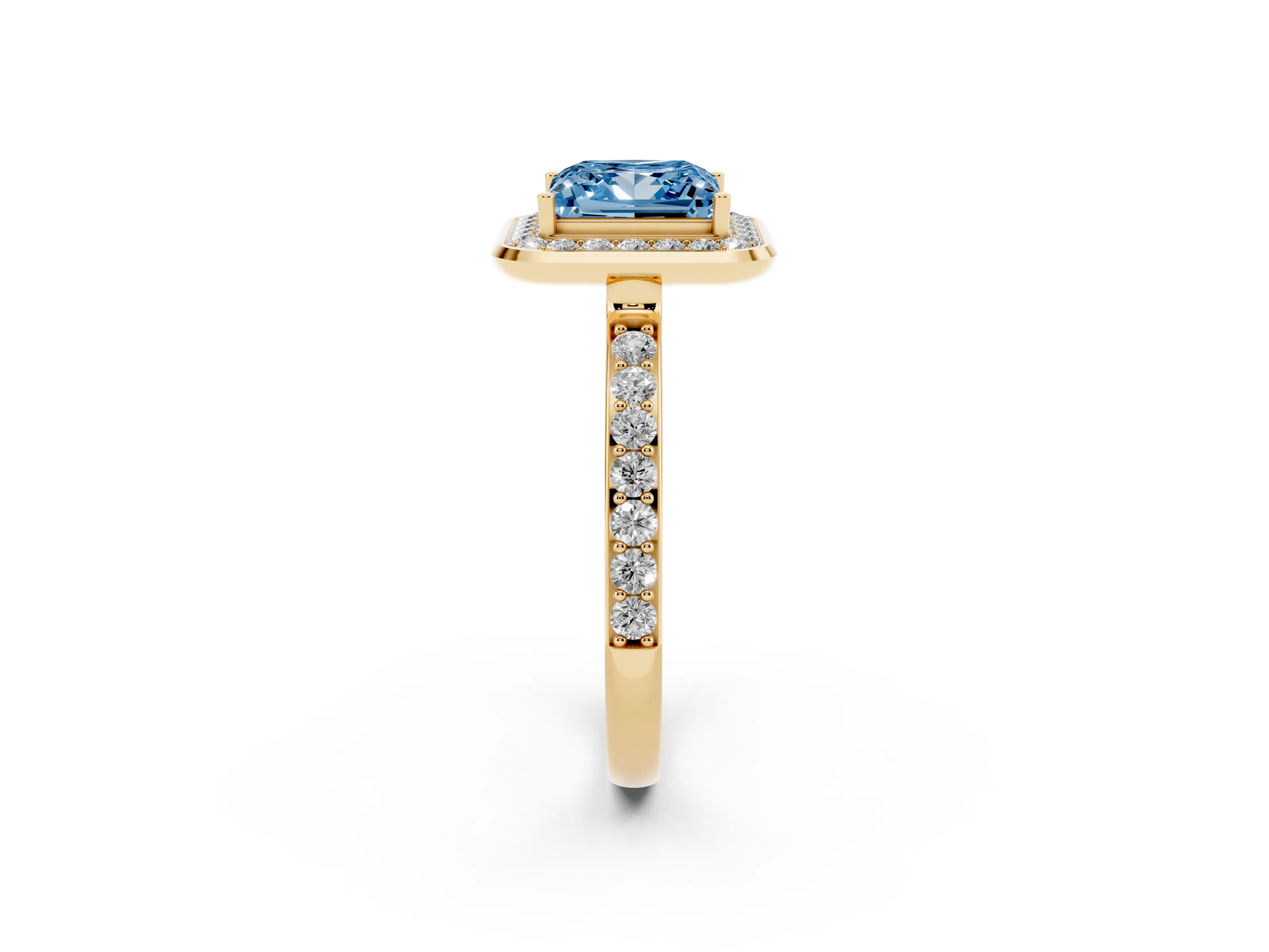 Fancy Blue Princess Cut Diamond Halo Ring Set in Yellow gold with Bezel Frame and Pavé Band