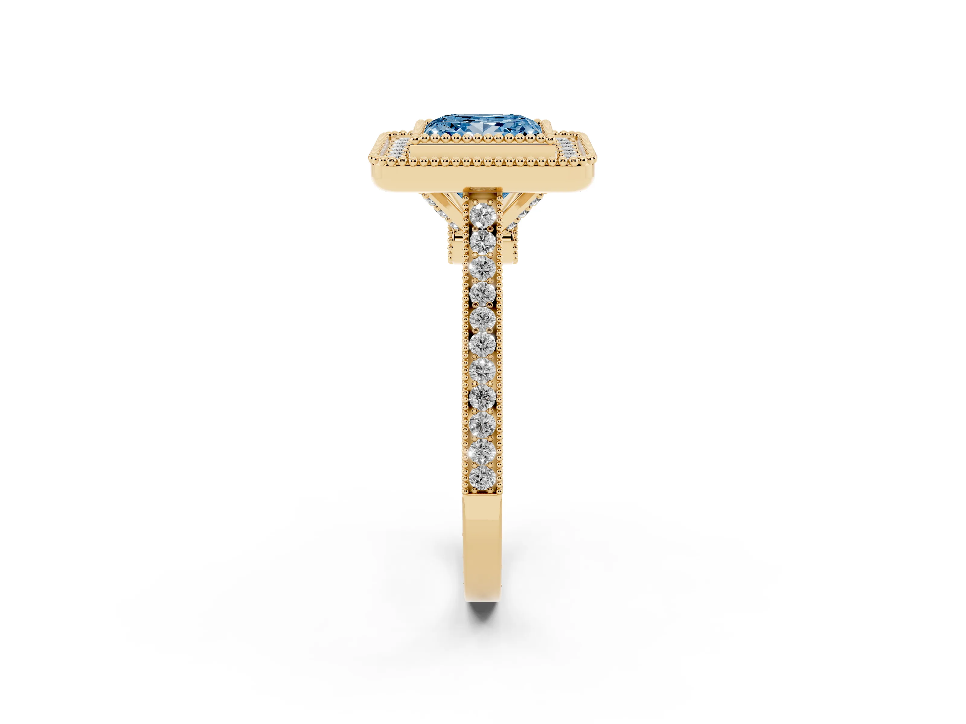 Fancy Blue Princess Cut Diamond Halo Ring Set in Yellow gold with Milgrain Frame and Pavé Band
