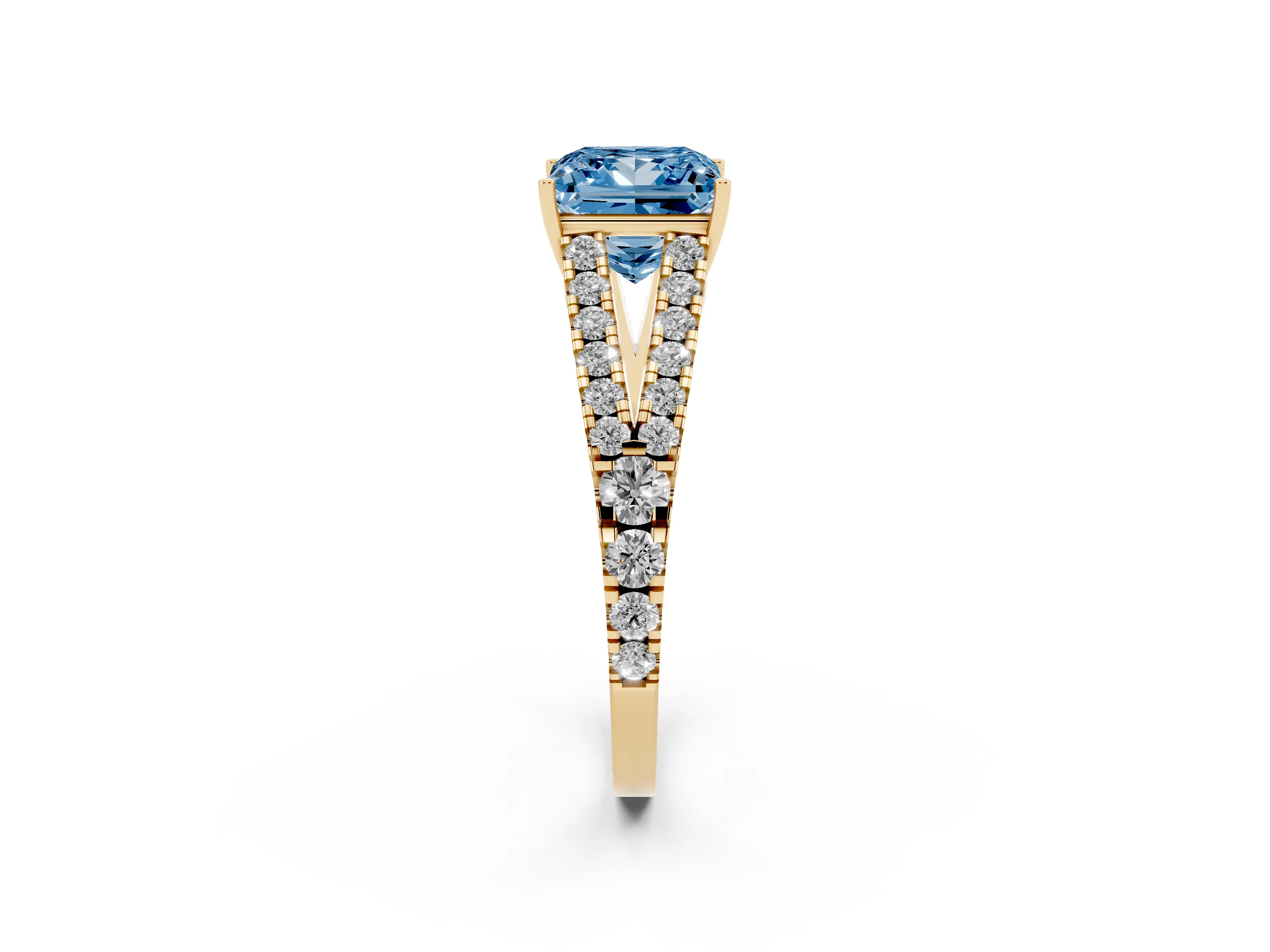 Fancy Blue Princess Cut Diamond Split Shank Pavé Engagement Ring Set in Yellow gold with Prong-Held Center Stone